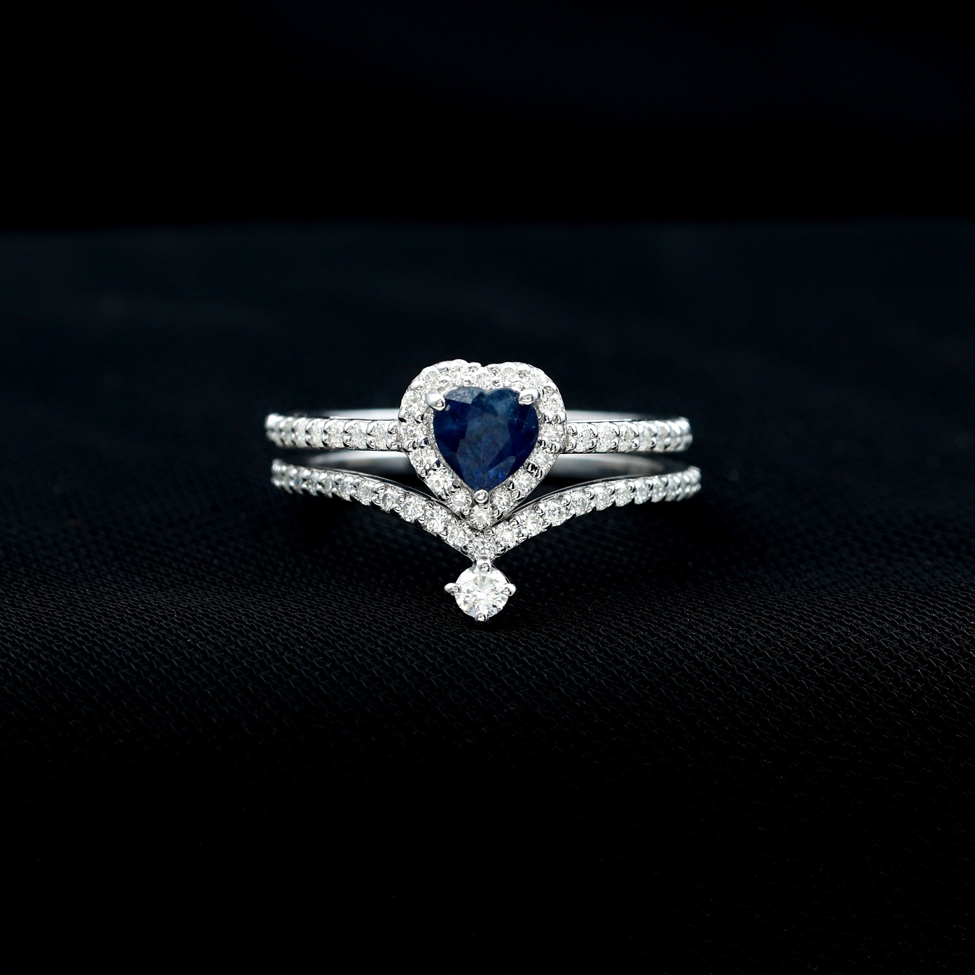 Real Heart Shape Blue Sapphire and Diamond Halo Wedding Ring Set AAA - Rosec Jewels