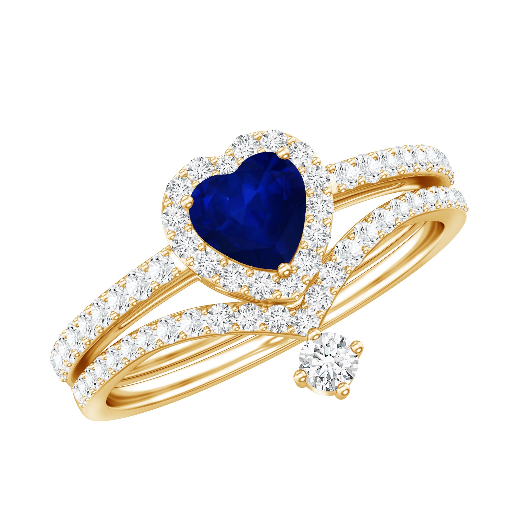 Real Heart Shape Blue Sapphire and Diamond Halo Wedding Ring Set AAA - Rosec Jewels