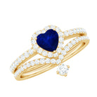 Real Heart Shape Blue Sapphire and Diamond Halo Wedding Ring Set AAA - Rosec Jewels
