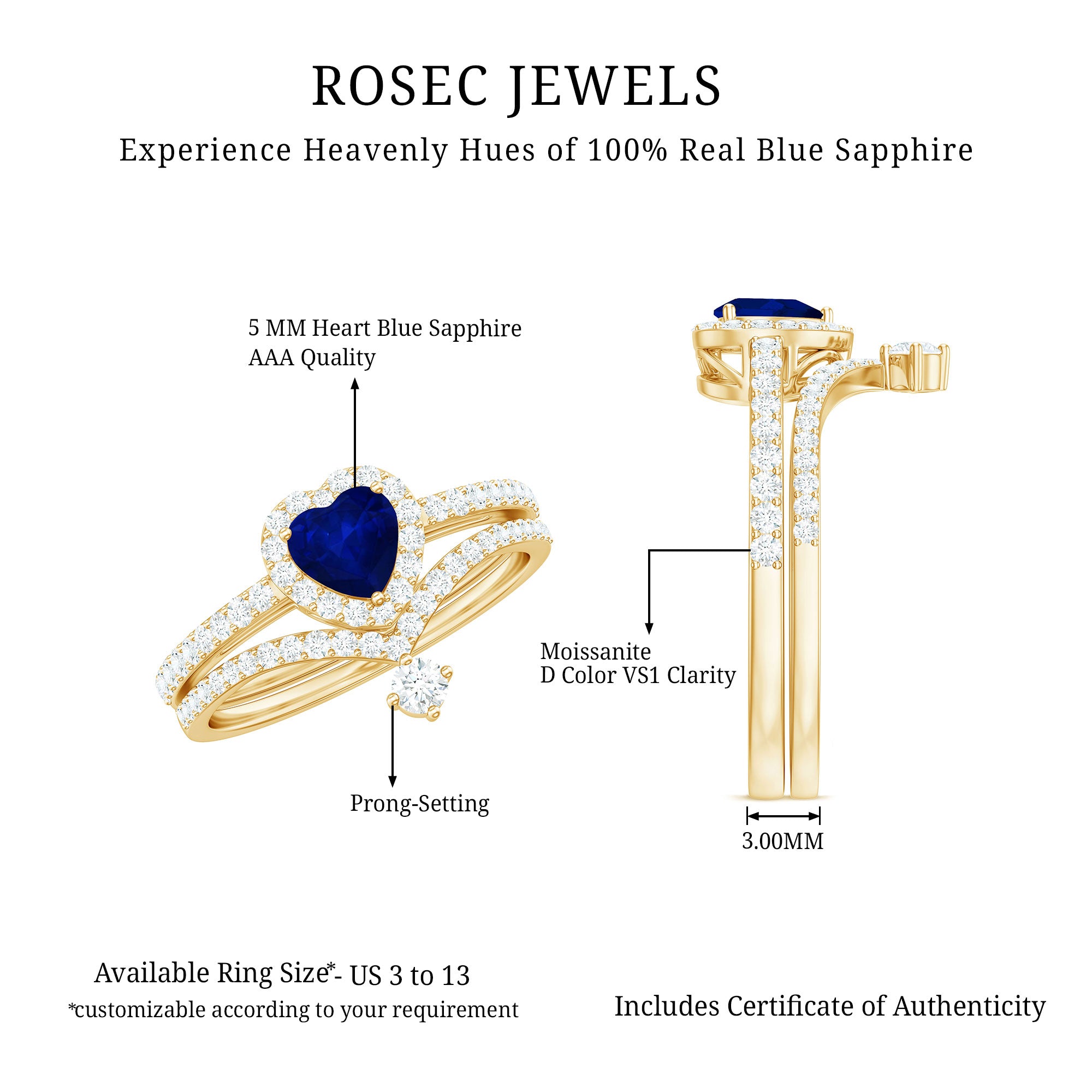 Real Heart Shape Blue Sapphire and Diamond Halo Wedding Ring Set AAA - Rosec Jewels