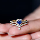 Real Heart Shape Blue Sapphire and Diamond Halo Wedding Ring Set AAA - Rosec Jewels