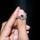 Real Heart Shape Blue Sapphire and Diamond Halo Wedding Ring Set AAA - Rosec Jewels