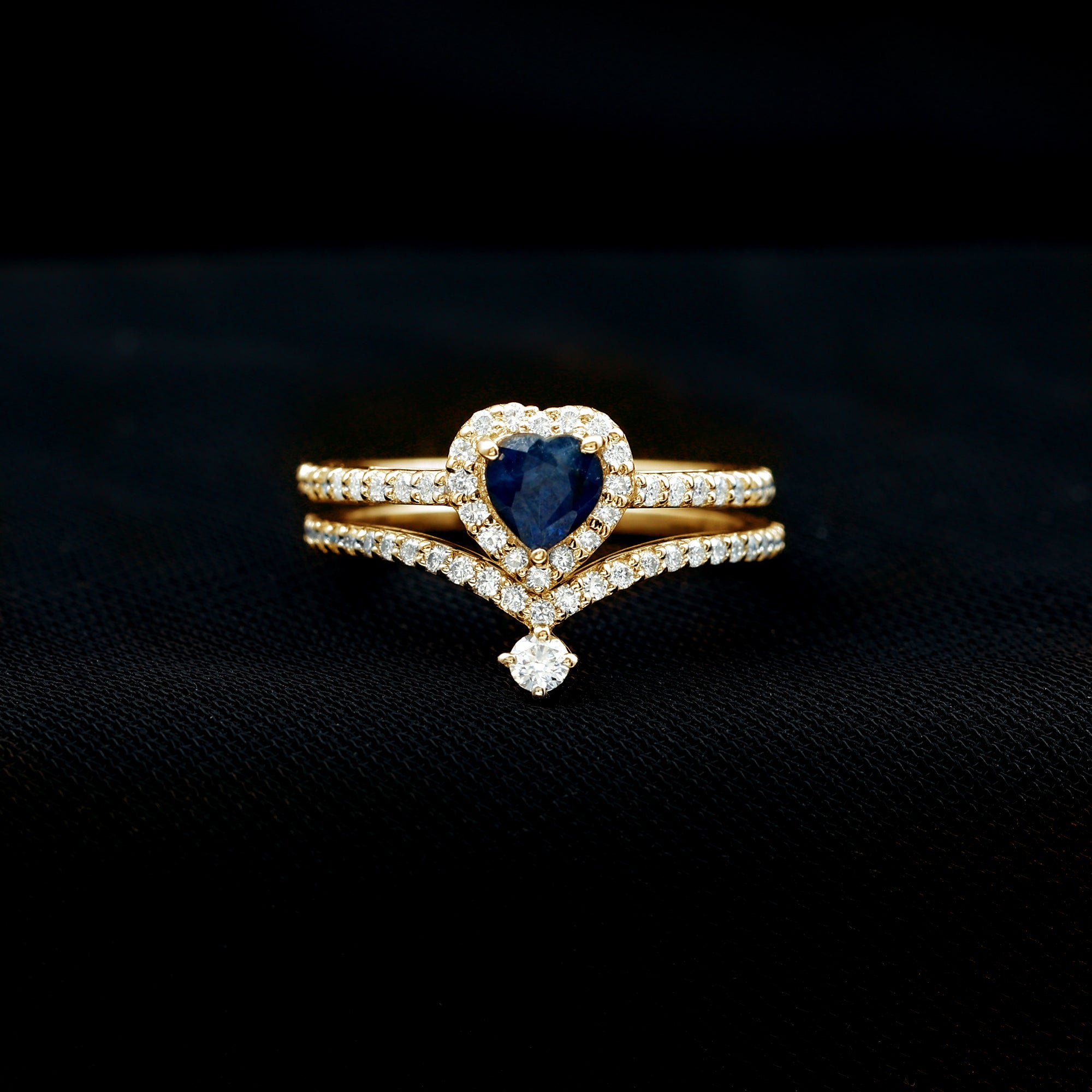 Real Heart Shape Blue Sapphire and Diamond Halo Wedding Ring Set AAA - Rosec Jewels