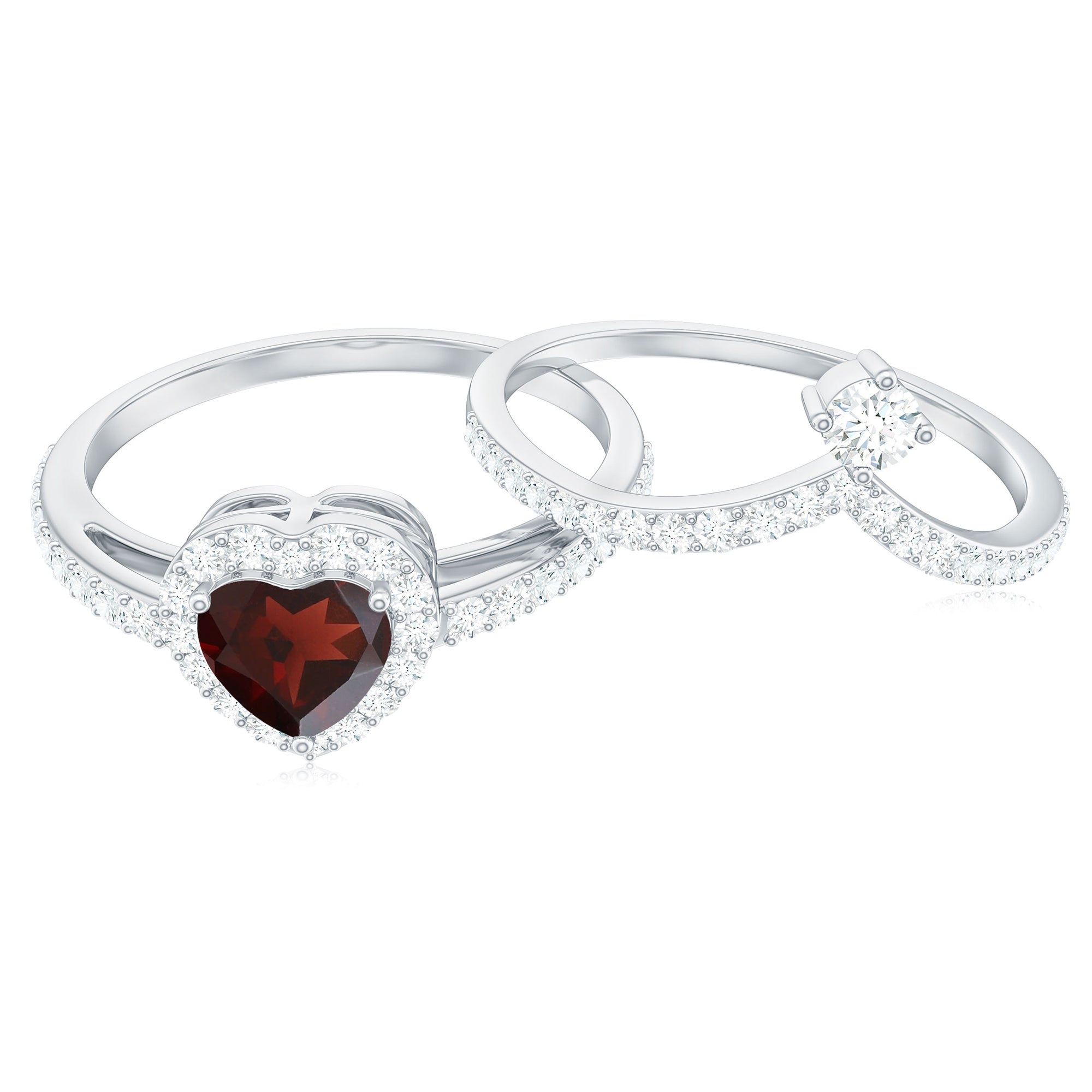 Natural Garnet Diamond Heart Engagement Ring Wedding Band Set AAA - Rosec Jewels