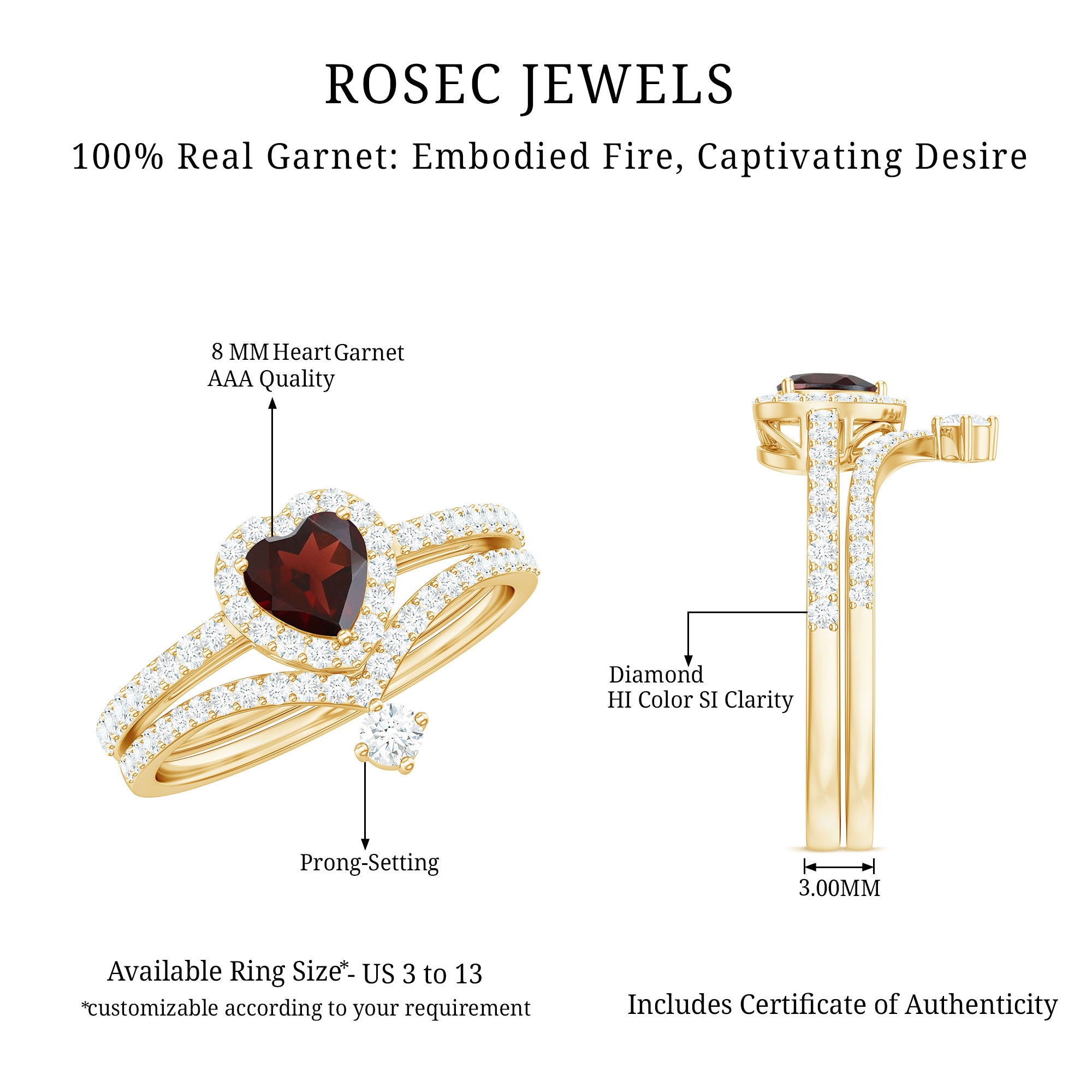 Natural Garnet Diamond Heart Engagement Ring Wedding Band Set AAA - Rosec Jewels