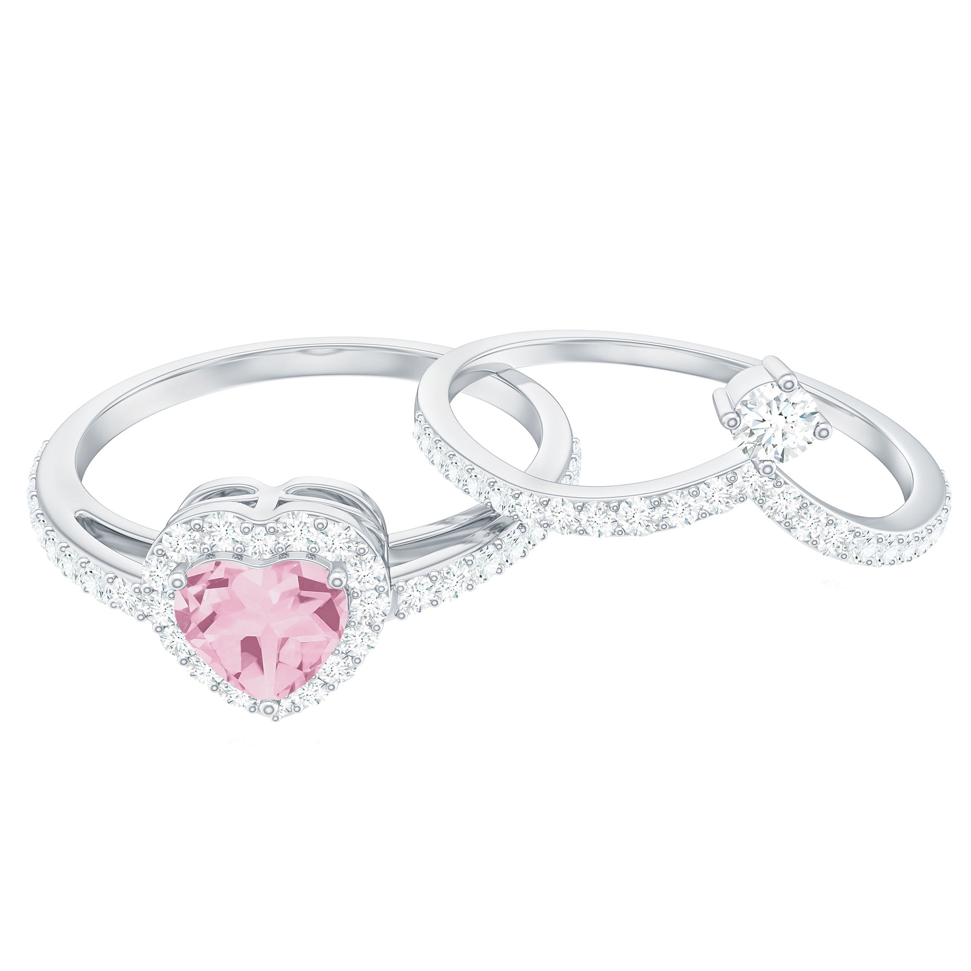 Heart Shape Rose Quartz Ring Set with Moissanite Rose Quartz - ( AAA ) - Quality - Rosec Jewels