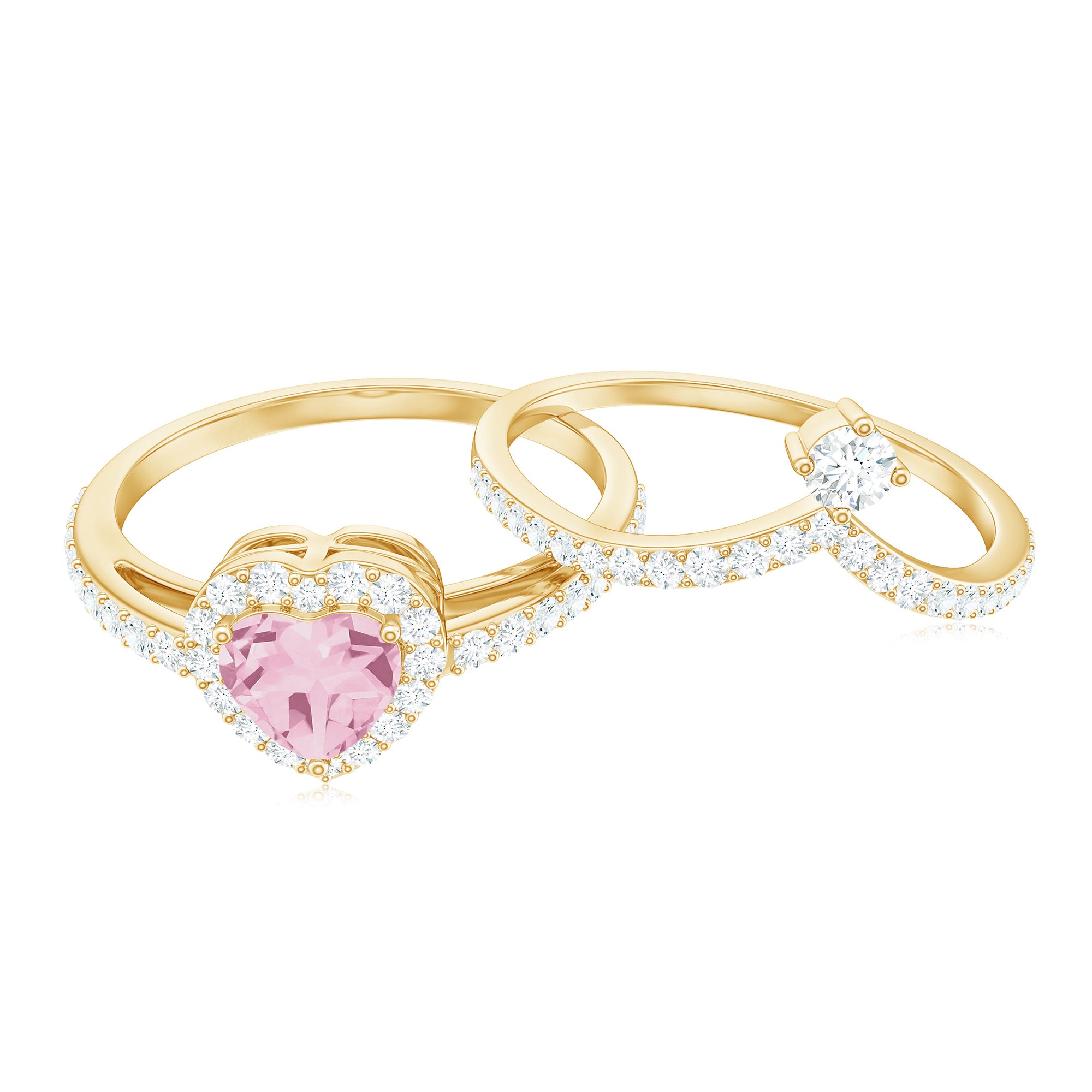 Heart Shape Rose Quartz Ring Set with Moissanite Rose Quartz - ( AAA ) - Quality - Rosec Jewels