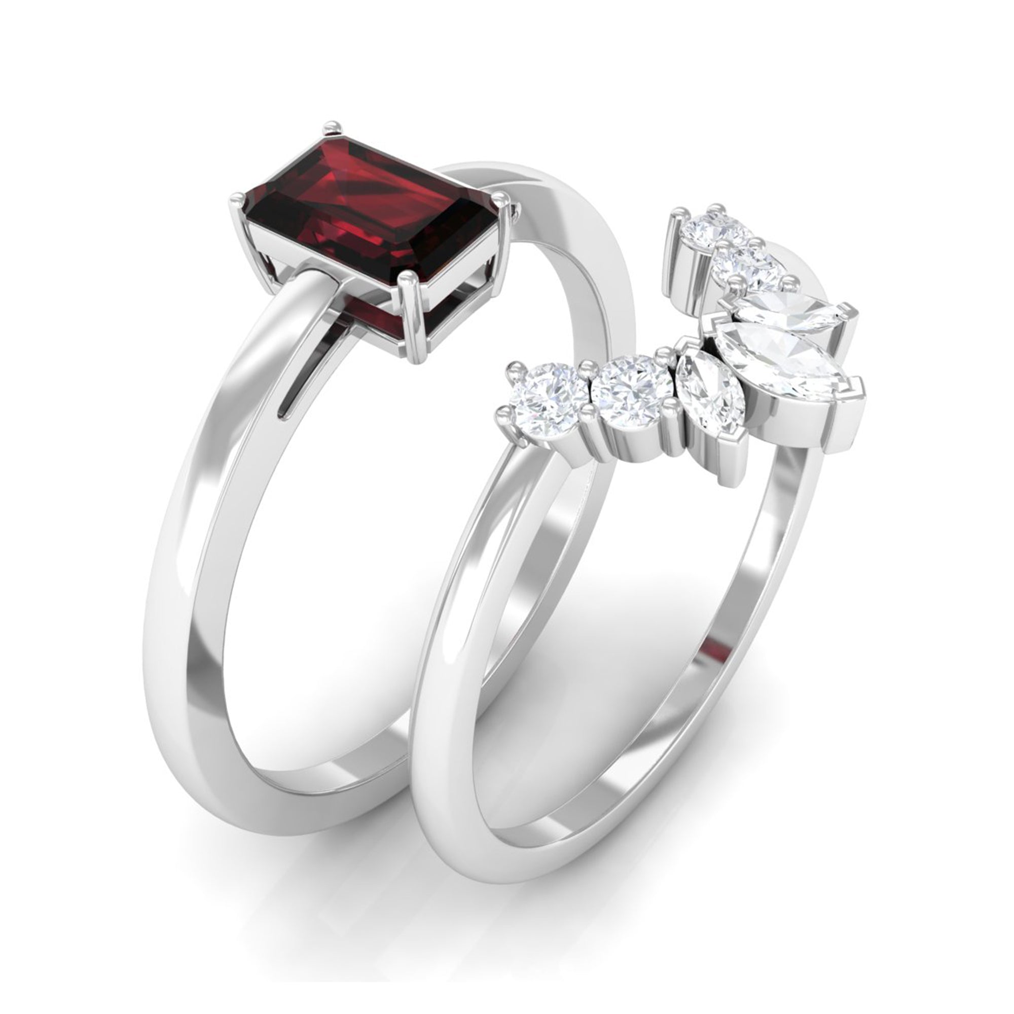 Genuine Garnet Diamond Emerald Cut Engagement Ring with Wedding Band AAA - Rosec Jewels