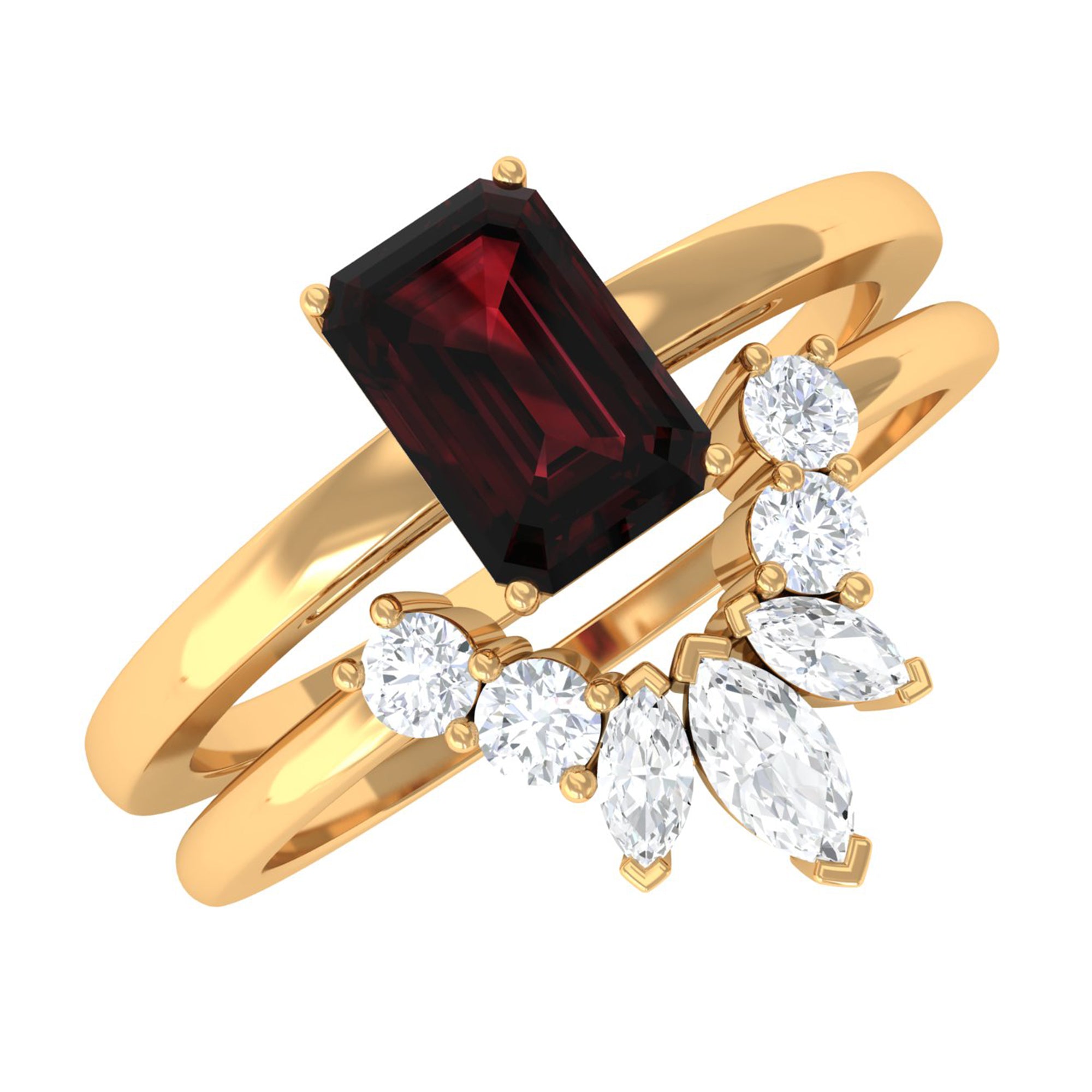 Genuine Garnet Diamond Emerald Cut Engagement Ring with Wedding Band AAA - Rosec Jewels