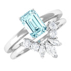 Natural Emerald Cut Aquamarine Engagement Ring with Diamond Wedding Band AAA - Rosec Jewels
