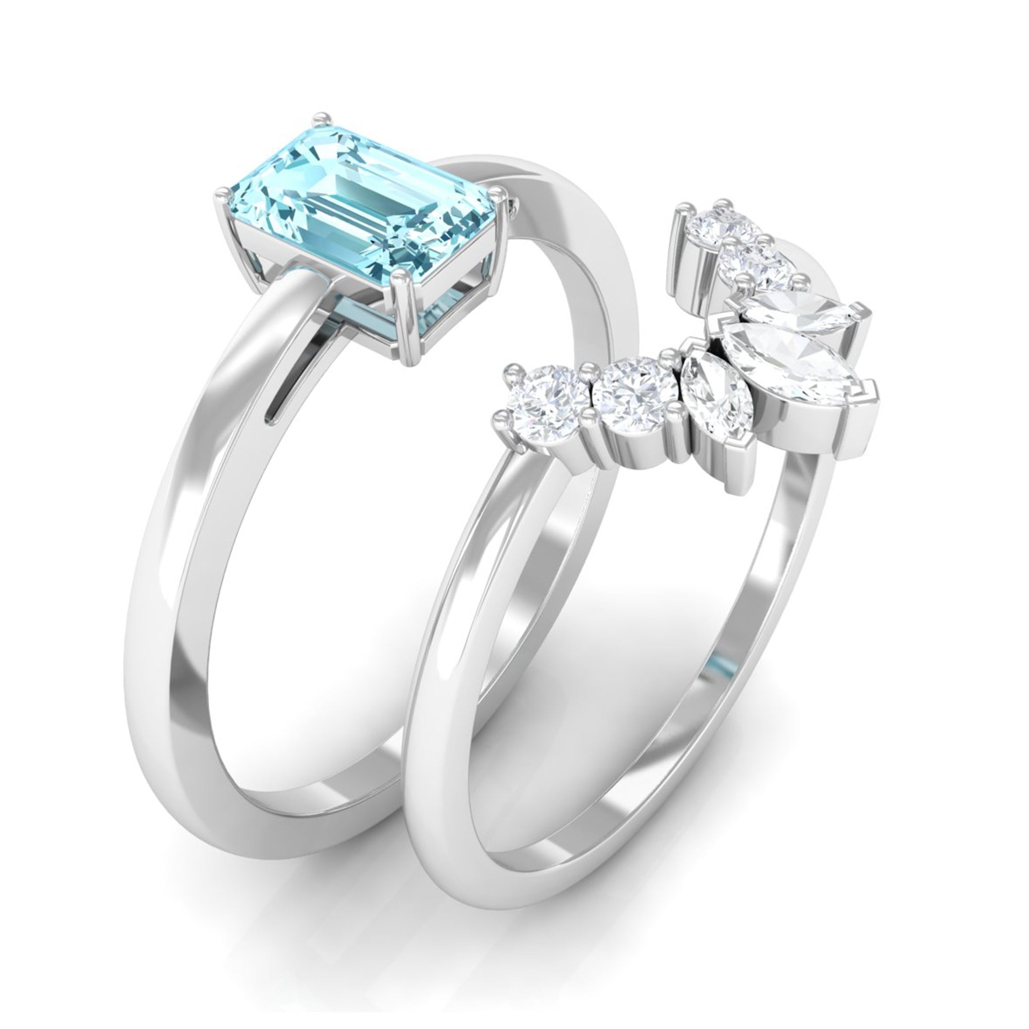 Natural Emerald Cut Aquamarine Engagement Ring with Diamond Wedding Band AAA - Rosec Jewels
