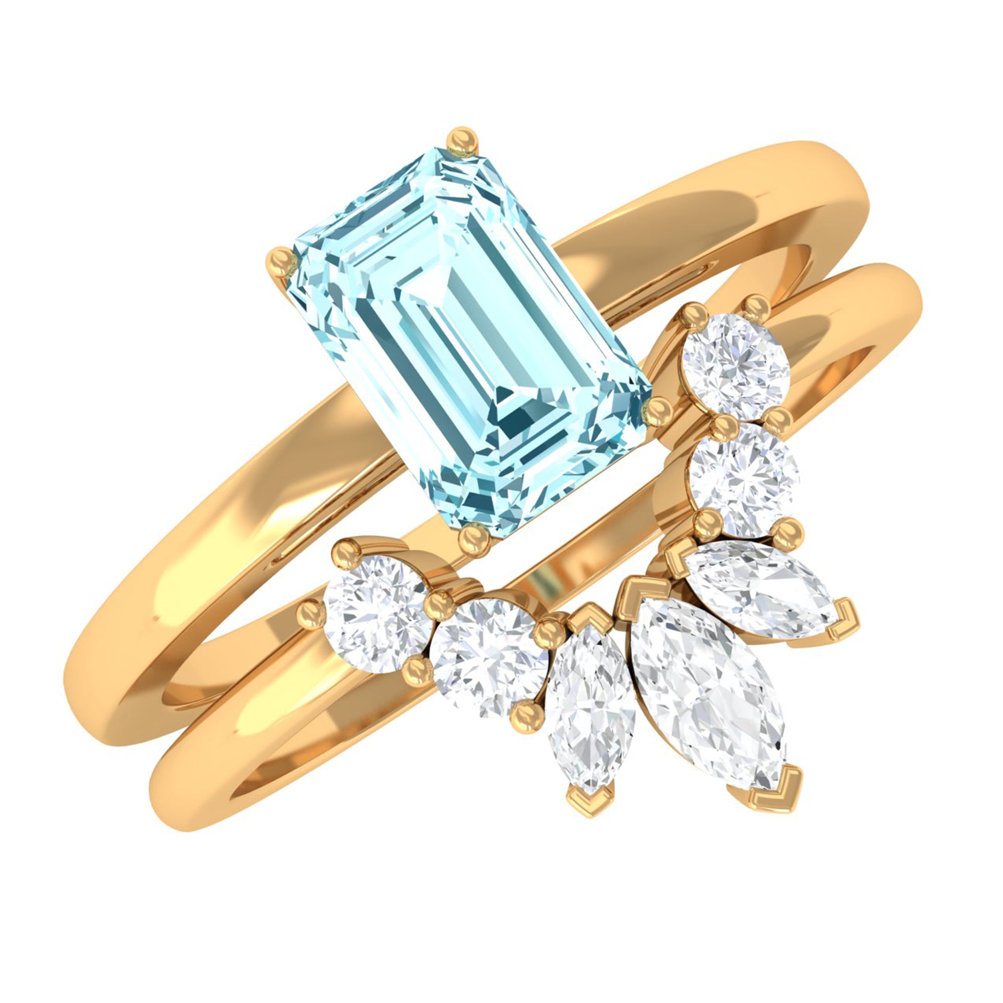 Natural Emerald Cut Aquamarine Engagement Ring with Diamond Wedding Band AAA - Rosec Jewels