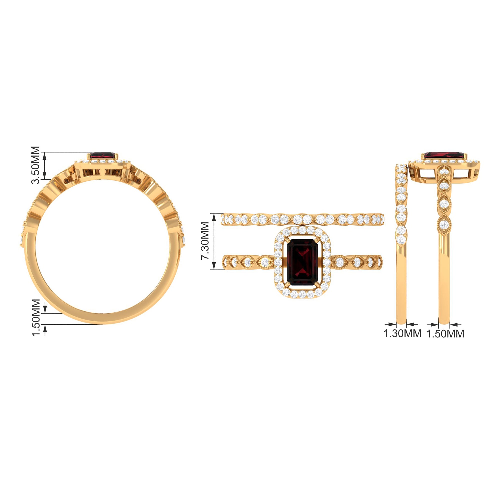 Vintage Looking Garnet Diamond Emerald Cut Wedding Bridal Ring Set AAA - Rosec Jewels