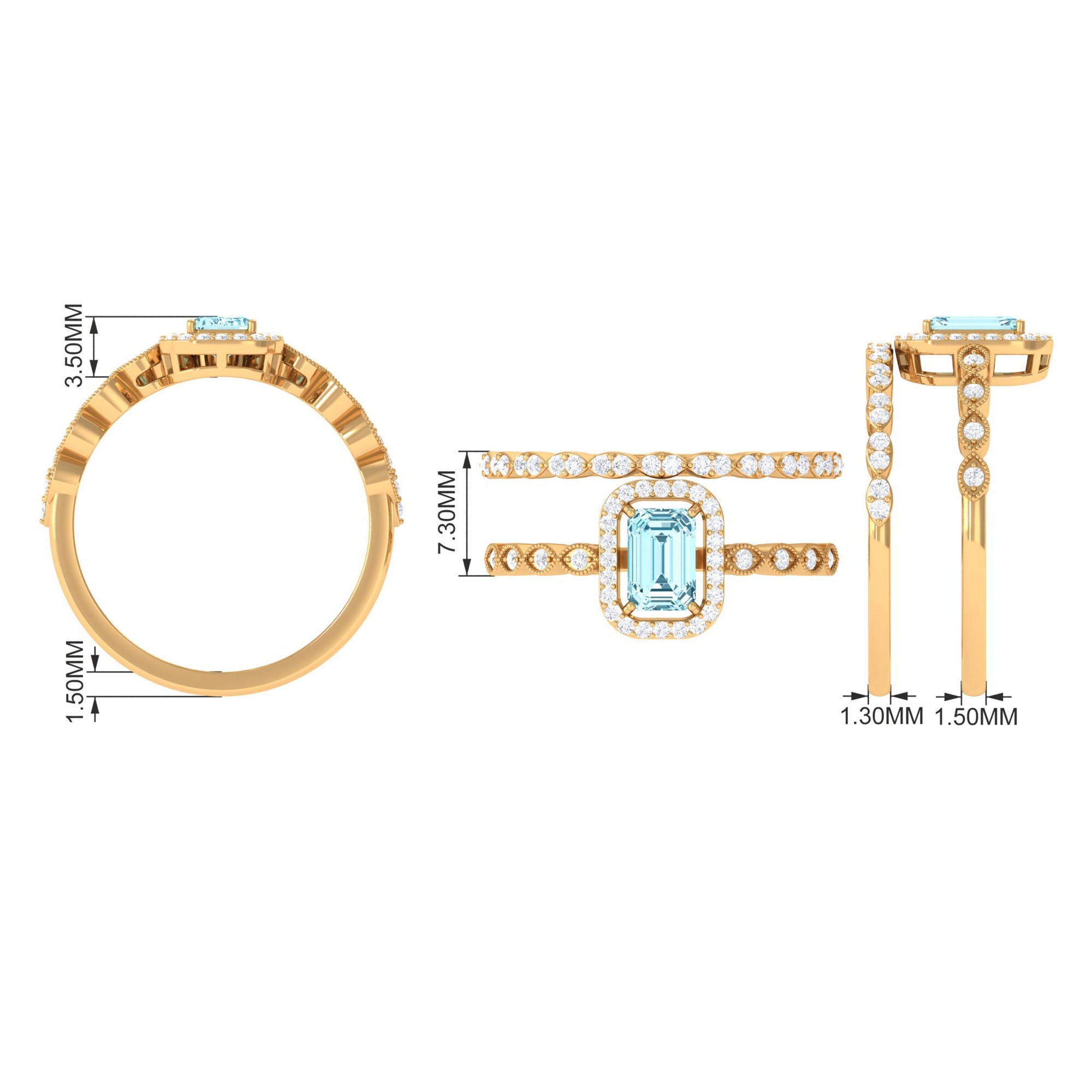 Certified 0.6 Carat Emerald Cut Aquamarine and Diamond Designer Ring Set AAA - Rosec Jewels