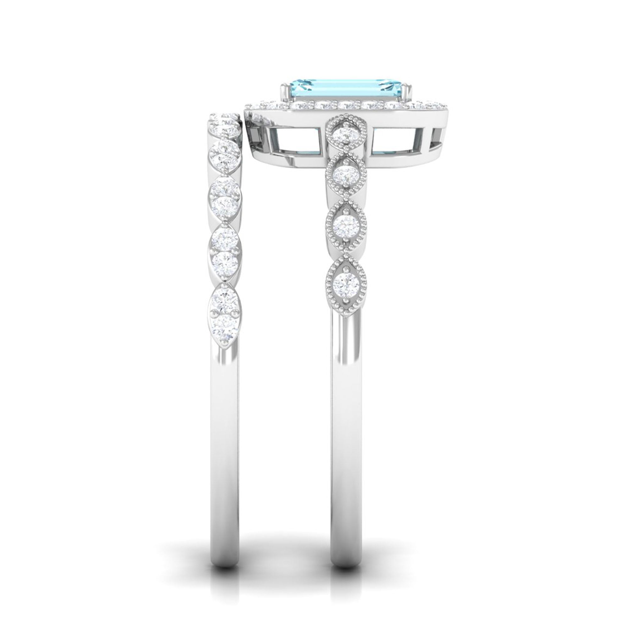 Certified 0.6 Carat Emerald Cut Aquamarine and Diamond Designer Ring Set AAA - Rosec Jewels