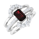Natural Emerald Cut Garnet Diamond Trio Wedding Ring Set AAA - Rosec Jewels