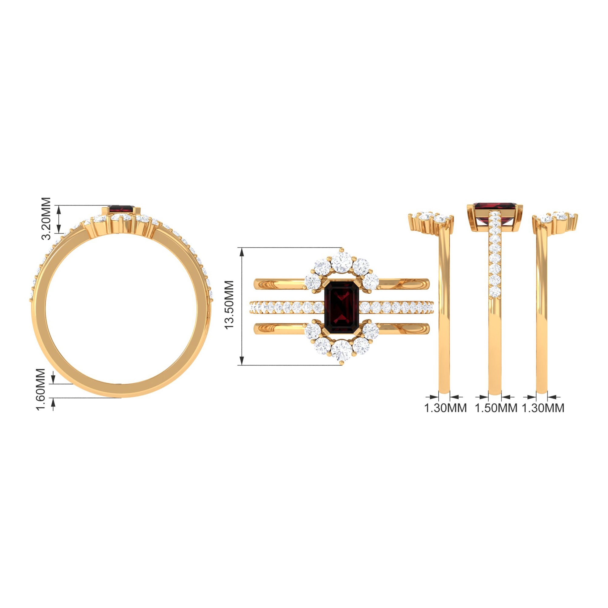 Natural Emerald Cut Garnet Diamond Trio Wedding Ring Set AAA - Rosec Jewels