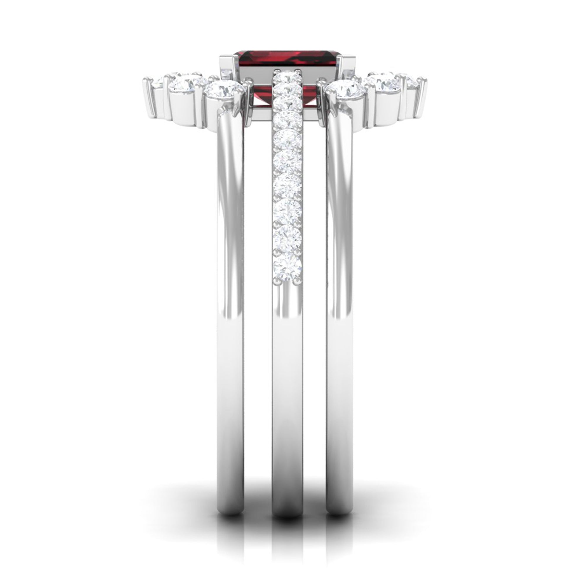 Natural Emerald Cut Garnet Diamond Trio Wedding Ring Set AAA - Rosec Jewels