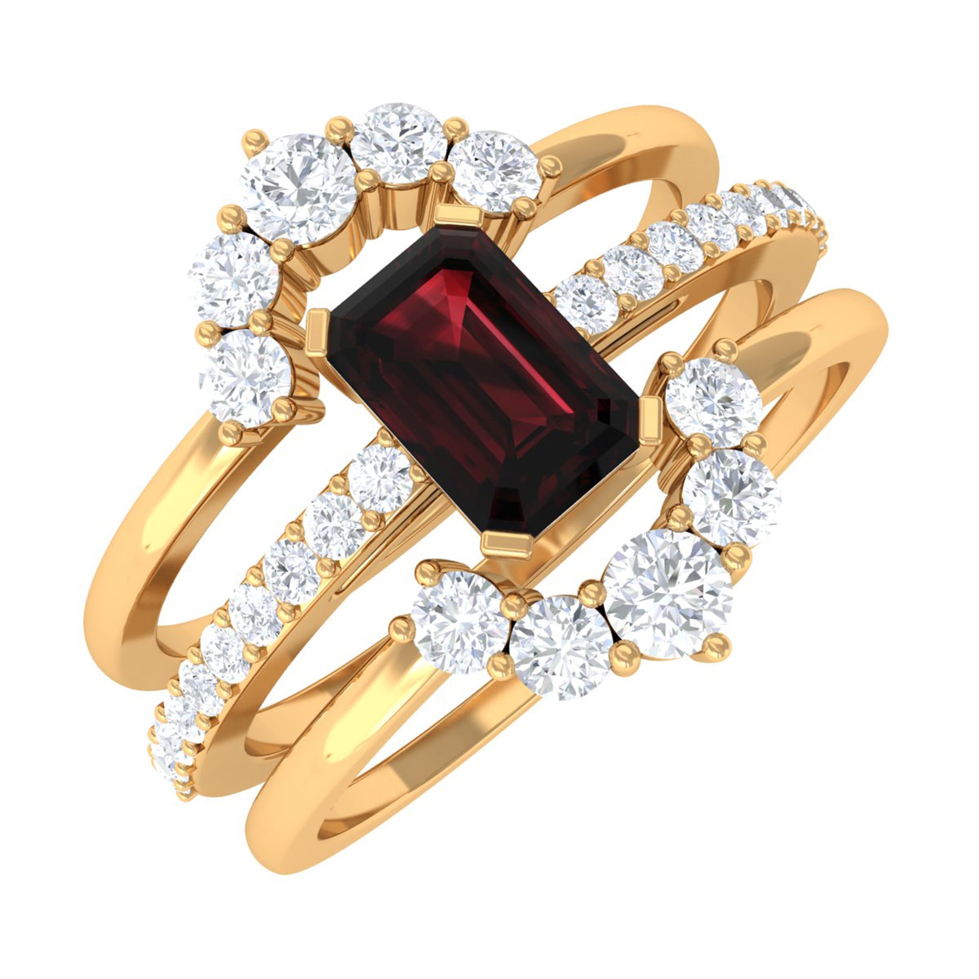 Natural Emerald Cut Garnet Diamond Trio Wedding Ring Set AAA - Rosec Jewels