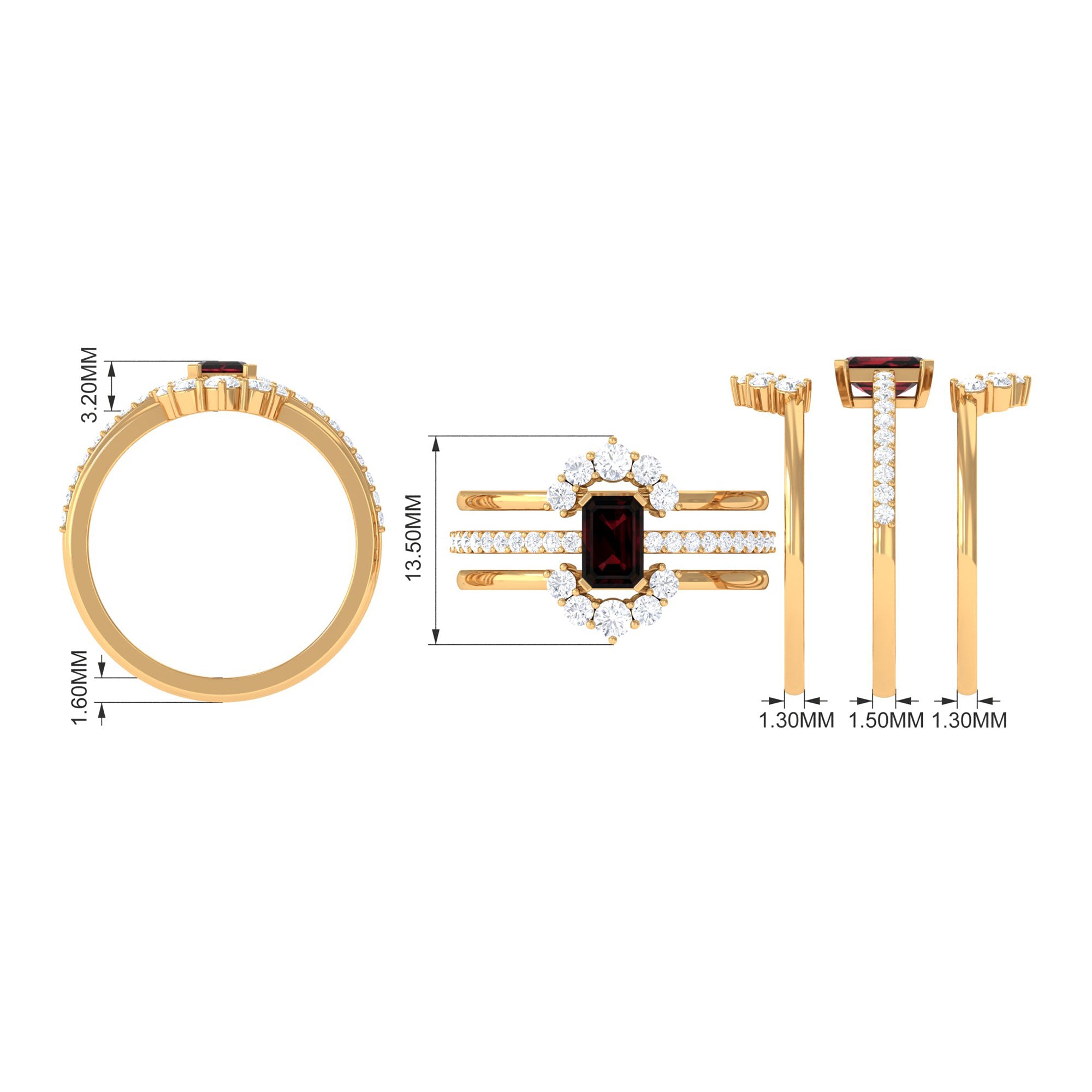 Natural Emerald Cut Garnet Diamond Trio Wedding Ring Set AAA - Rosec Jewels