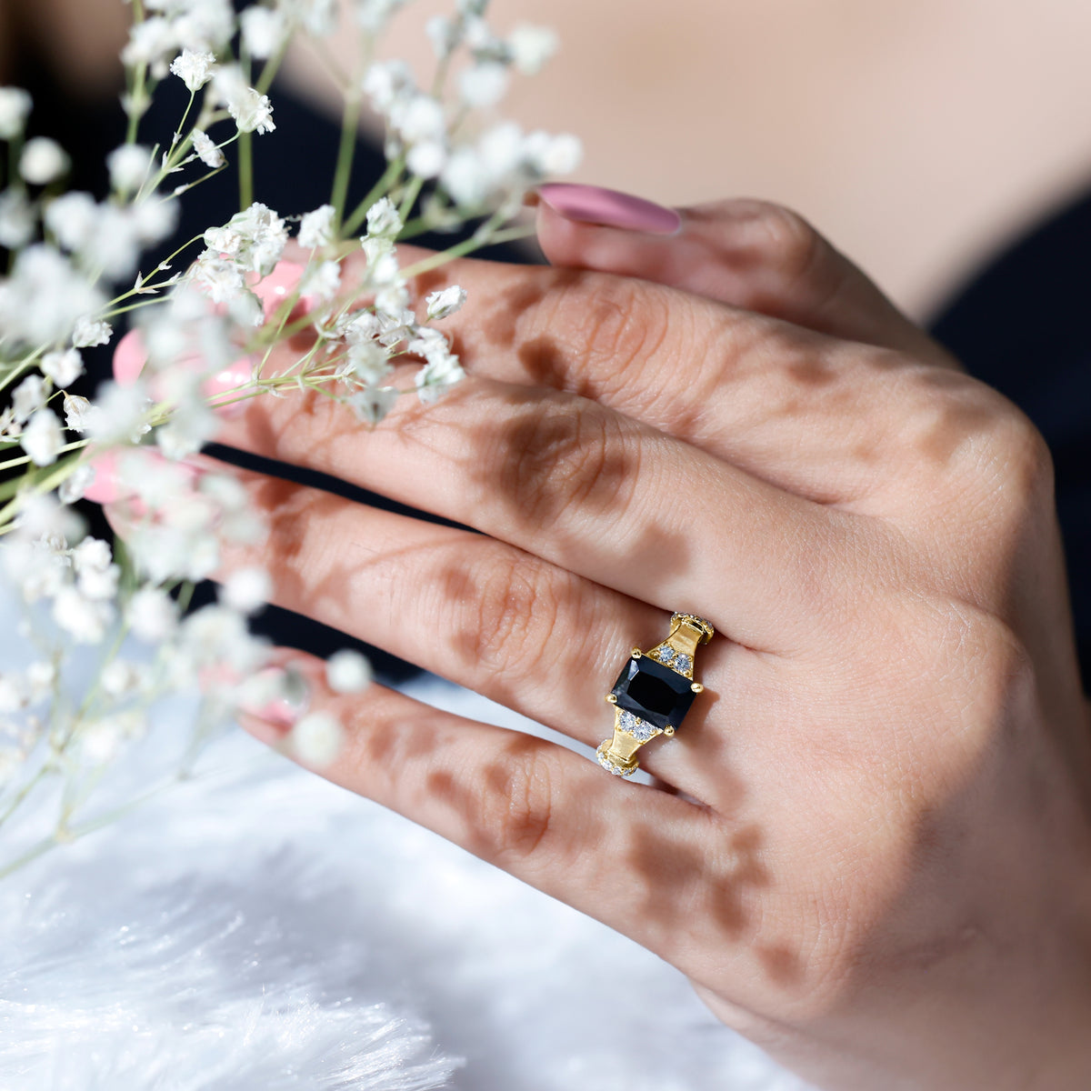 Emerald Cut Black Onyx Engagement Ring with Diamond AAA - Rosec Jewels