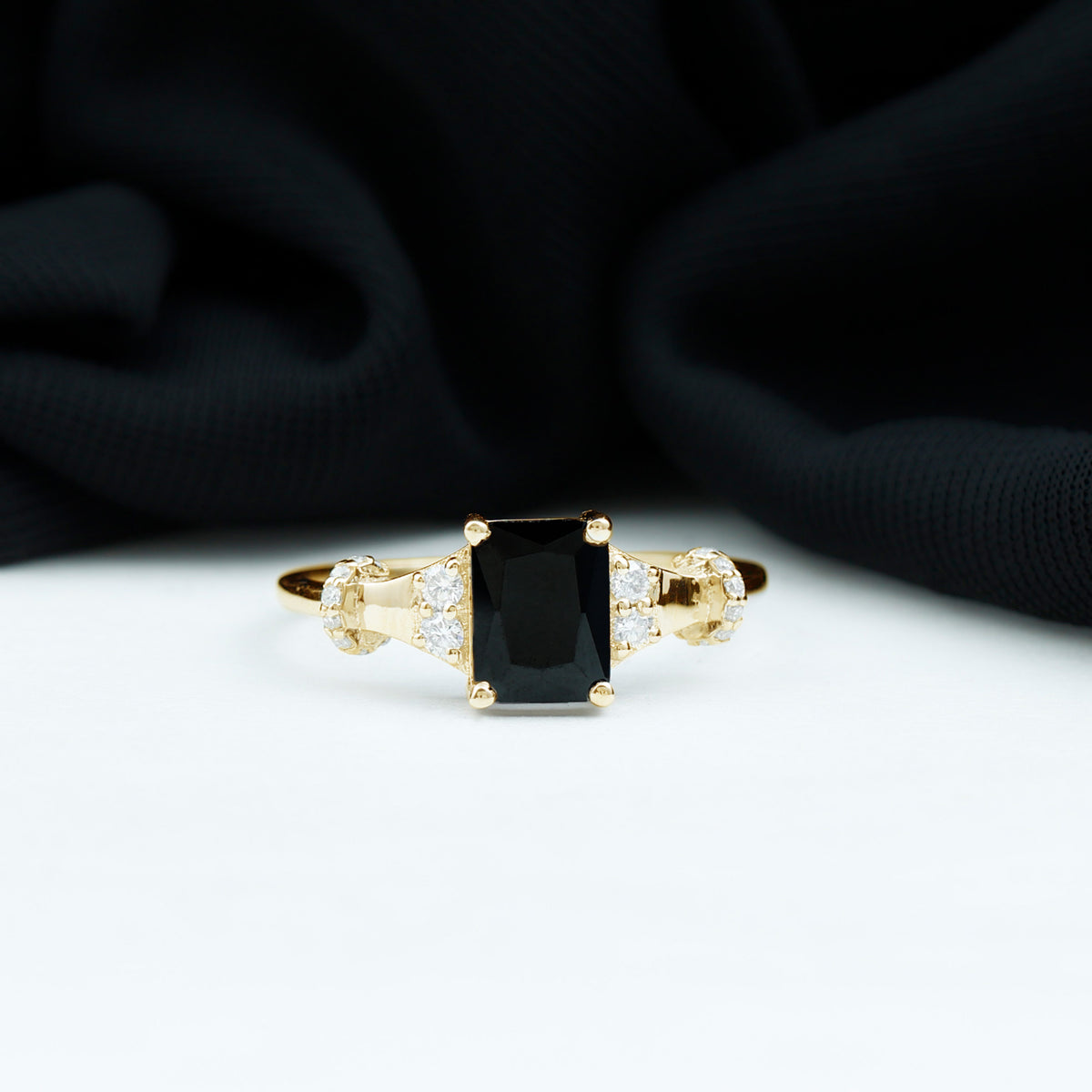 Emerald Cut Black Onyx Engagement Ring with Diamond AAA - Rosec Jewels