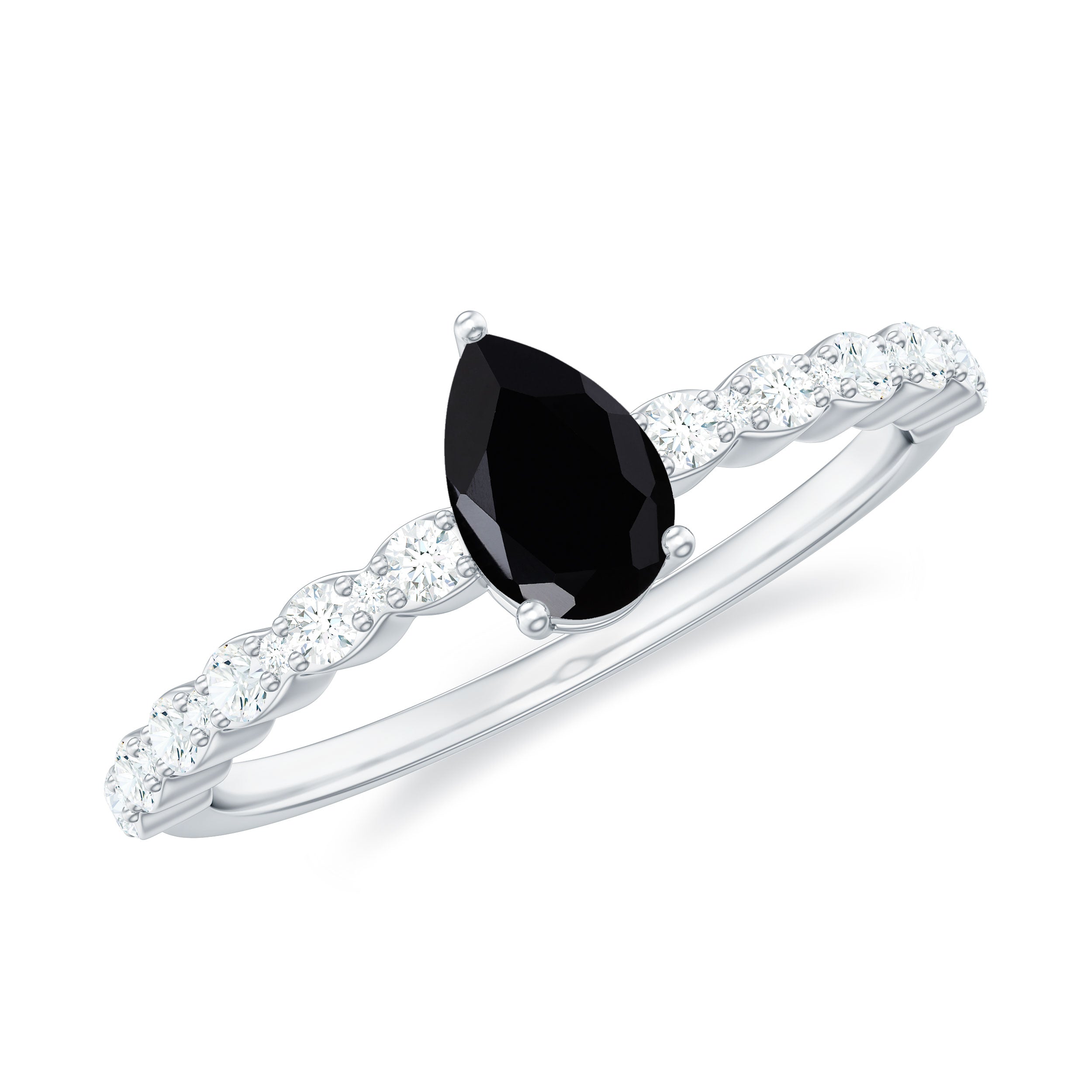Pear Shape Black Onyx Solitaire Promise Ring with Diamond Black Onyx - ( AAA ) - Quality - Rosec Jewels