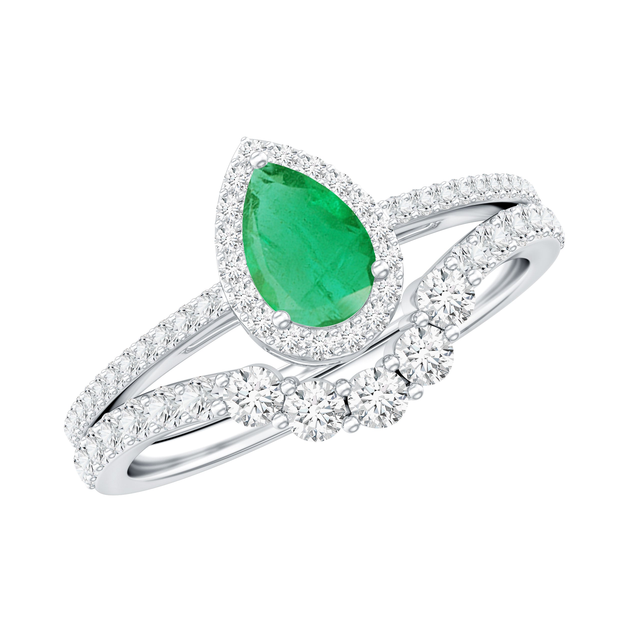 Natural Emerald Diamond Pear Shaped Engagement Wedding Ring Set of 2 AAA - Rosec Jewels