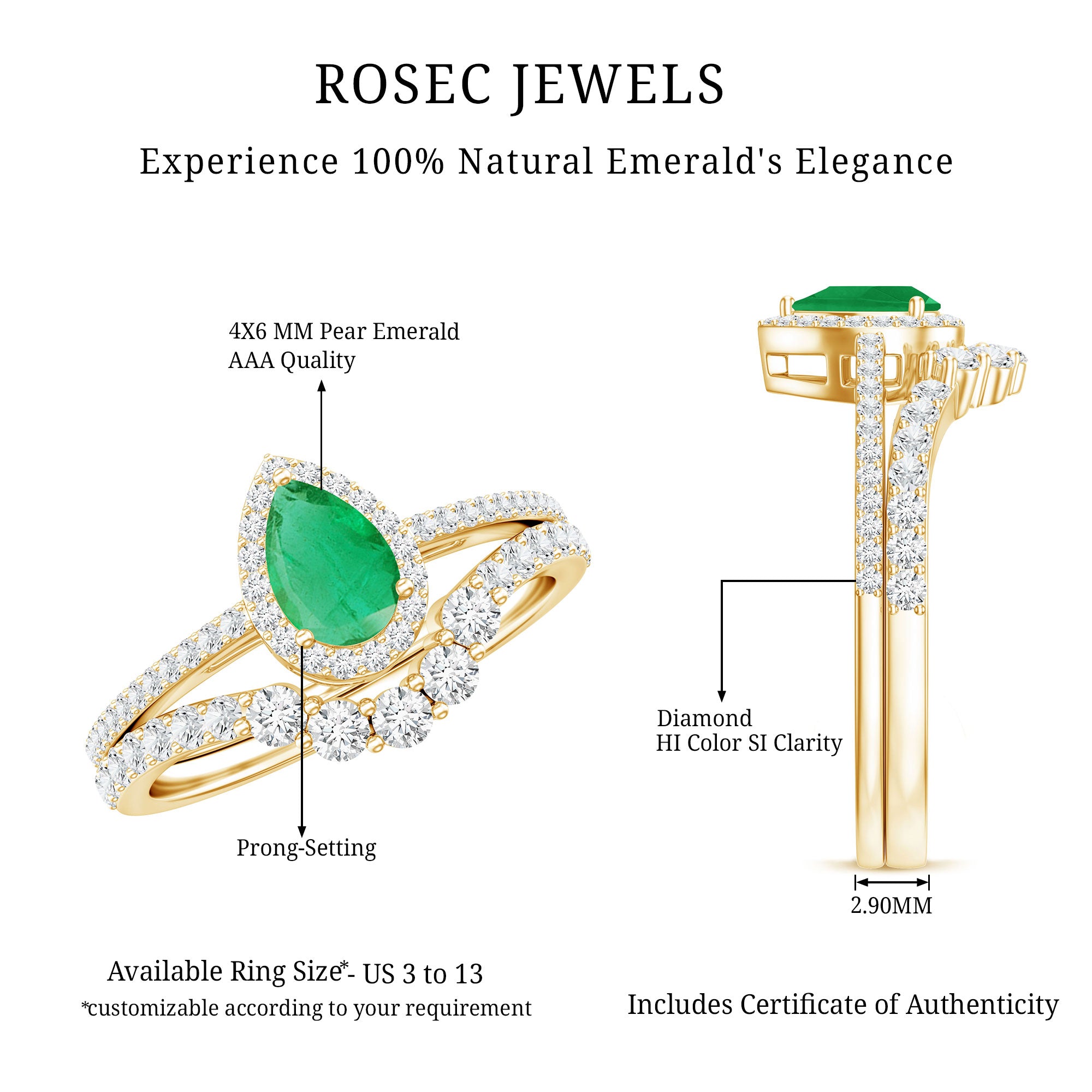 Natural Emerald Diamond Pear Shaped Engagement Wedding Ring Set of 2 AAA - Rosec Jewels