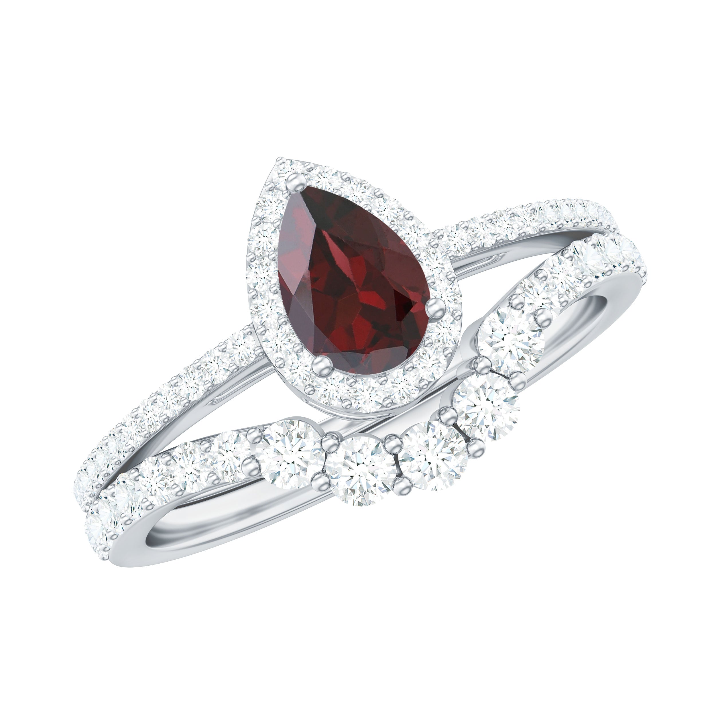 Natural 5X7mm Pear Shape Garnet Diamond Wedding Engagement Ring Set AAA - Rosec Jewels