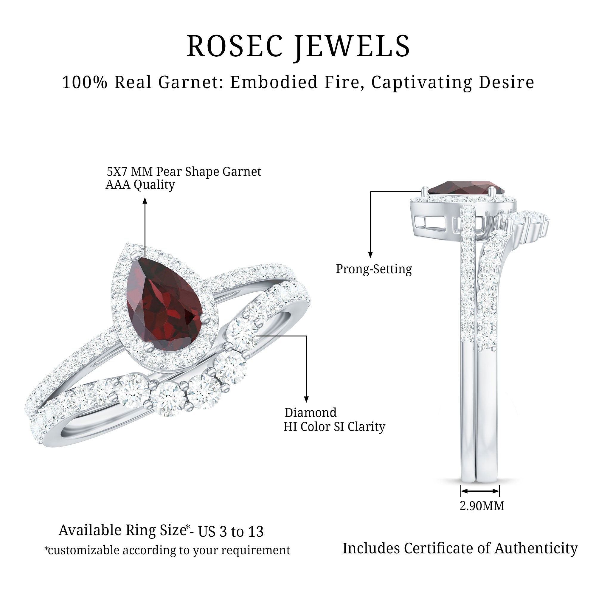 Natural 5X7mm Pear Shape Garnet Diamond Wedding Engagement Ring Set AAA - Rosec Jewels