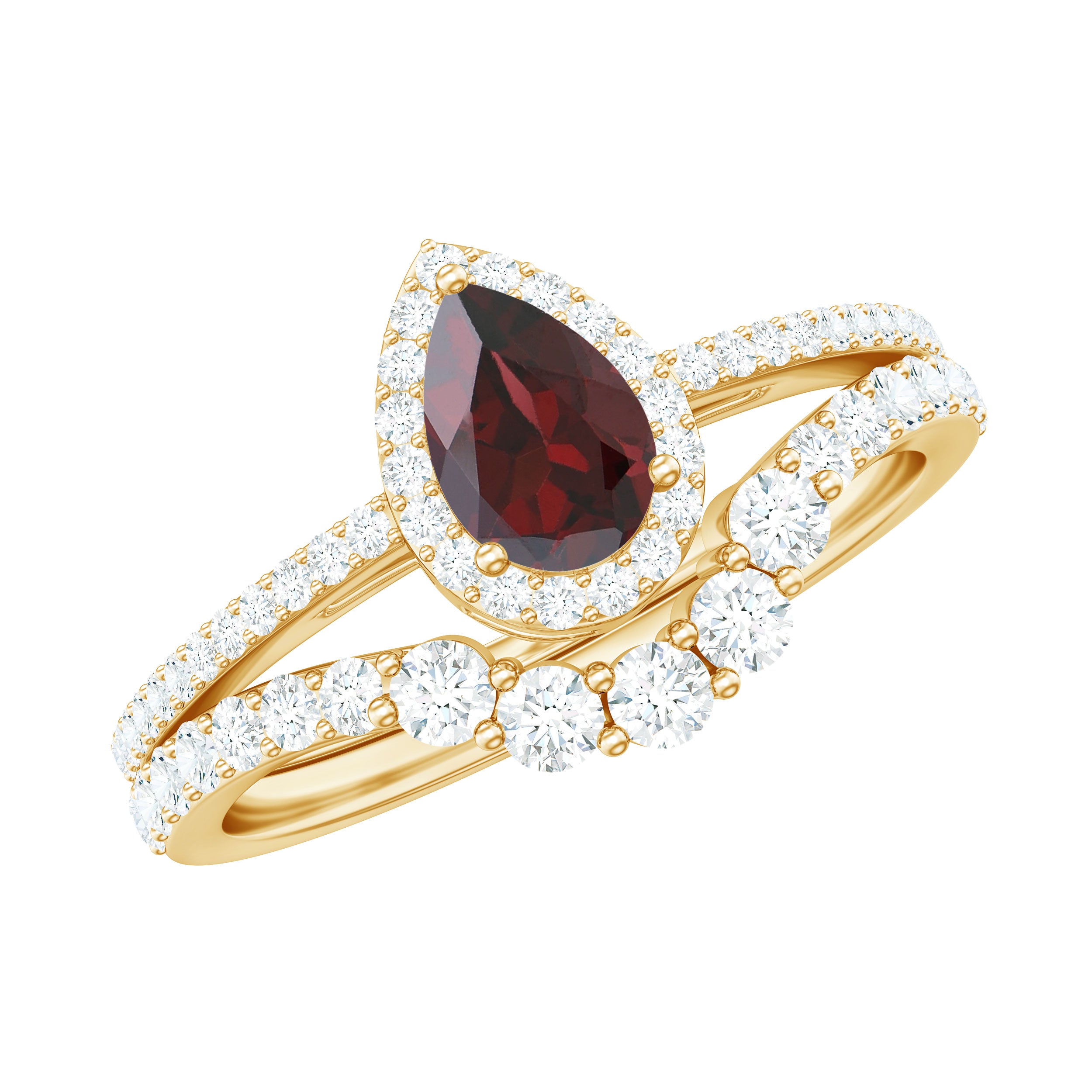 Natural 5X7mm Pear Shape Garnet Diamond Wedding Engagement Ring Set AAA - Rosec Jewels