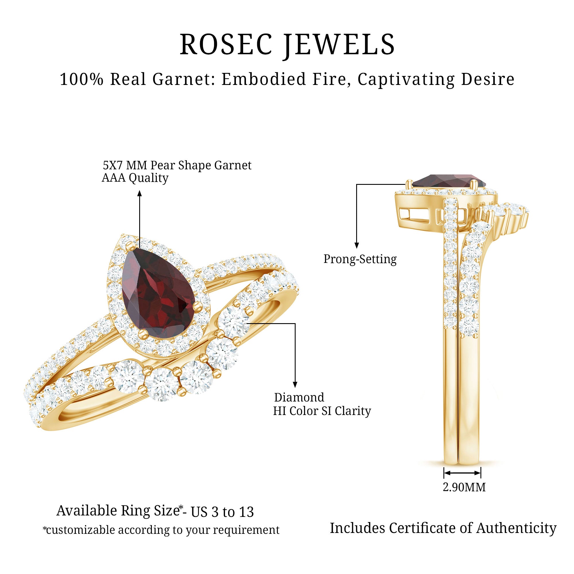 Natural 5X7mm Pear Shape Garnet Diamond Wedding Engagement Ring Set AAA - Rosec Jewels