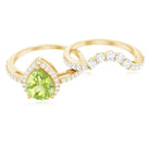 Real 1 Carat Peridot Pear Shaped Engagement Ring with Curved Enhancer AAA - Rosec Jewels