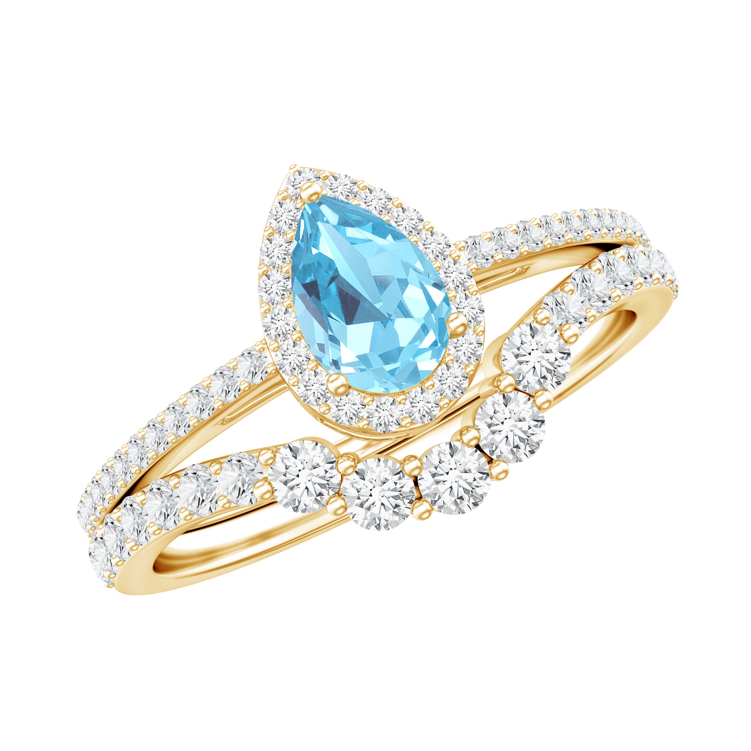 Genuine Aquamarine Teardrop Bridal Ring Set with Diamond Halo AAA - Rosec Jewels