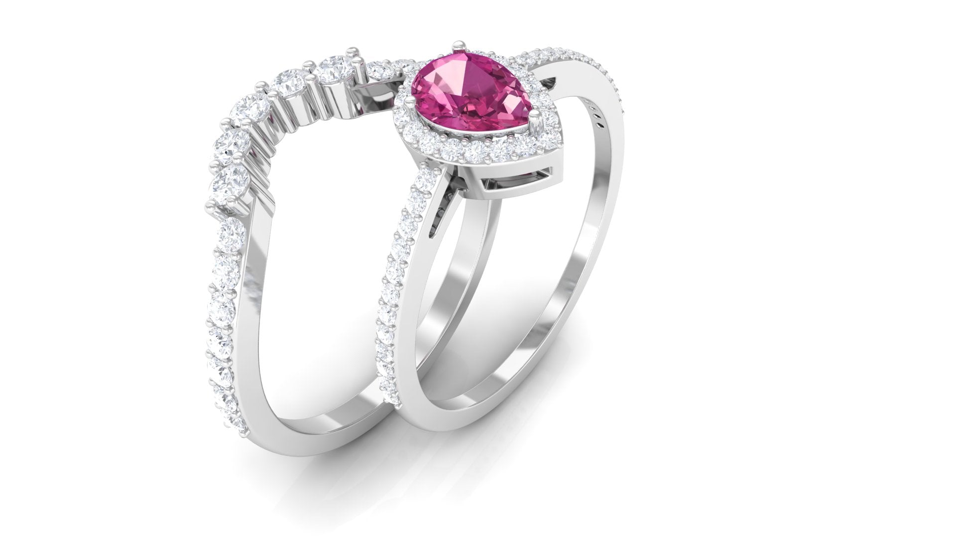 Pink tourmaline Designer Teardrop Ring Set with Moissanite Halo AAA - Rosec Jewels