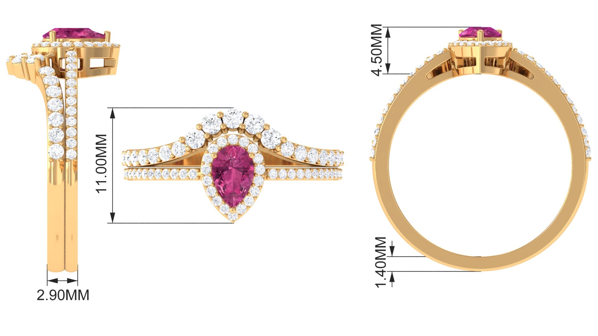Pink tourmaline Designer Teardrop Ring Set with Moissanite Halo AAA - Rosec Jewels