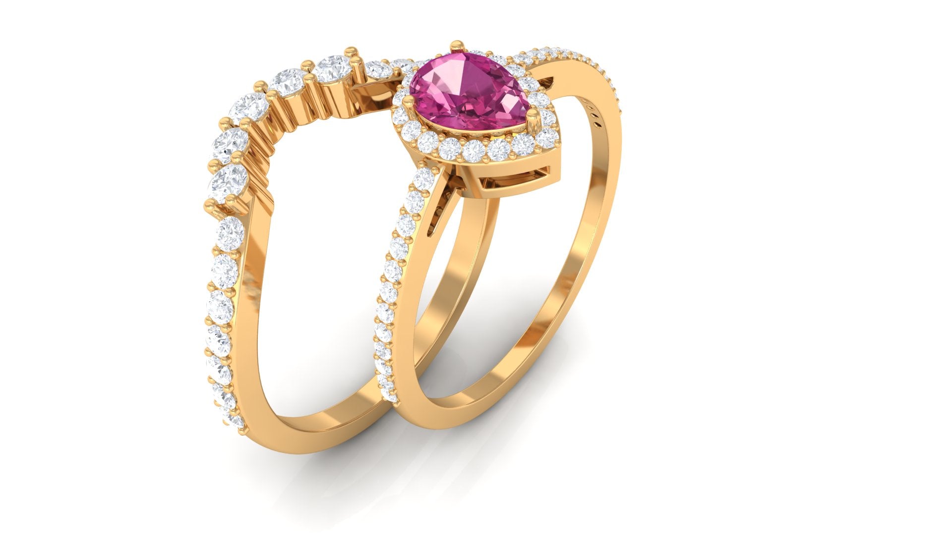 Pink tourmaline Designer Teardrop Ring Set with Moissanite Halo AAA - Rosec Jewels