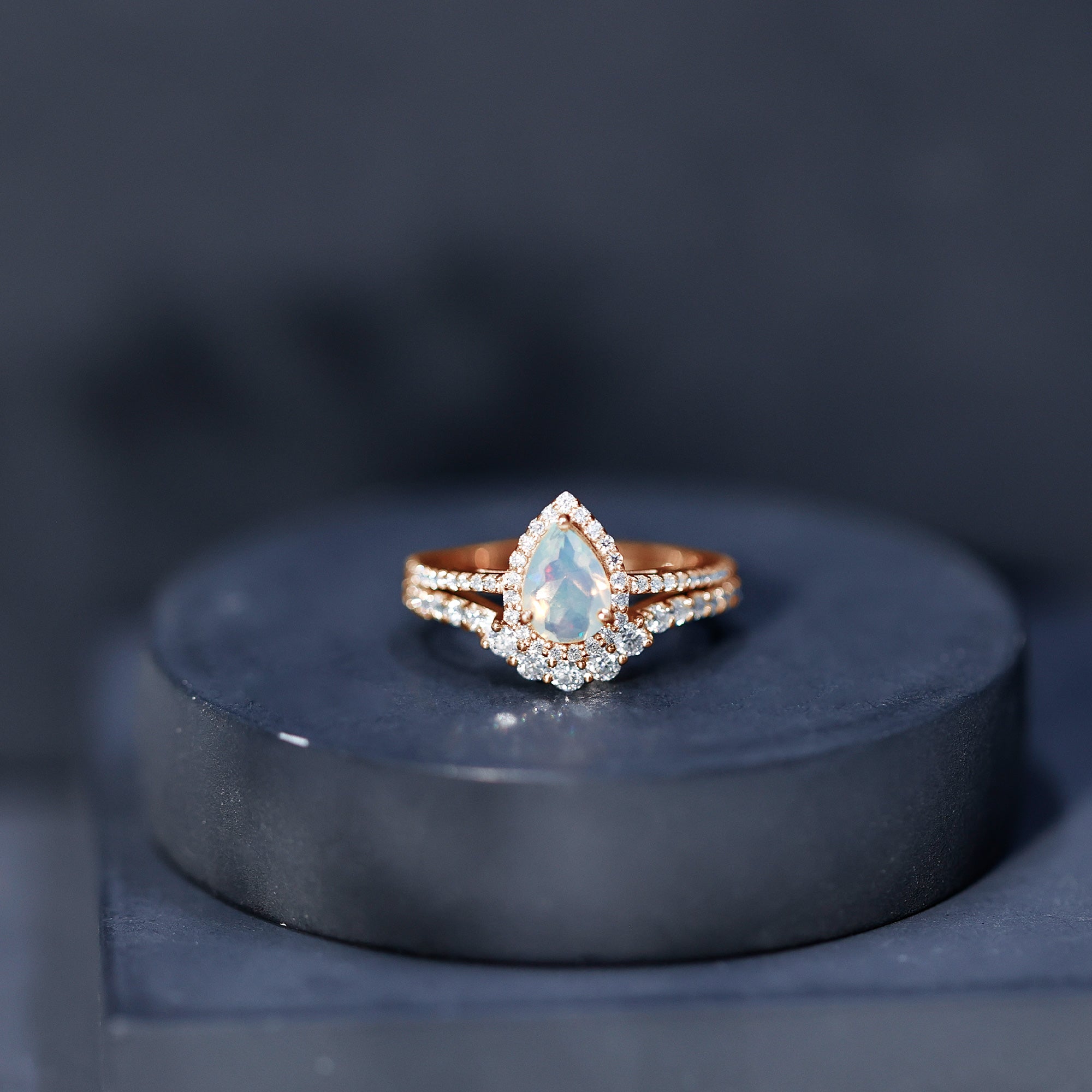 Certified Natural Ethiopian Opal Teardrop Wedding Engagement Ring Set of 2 AAA - Rosec Jewels