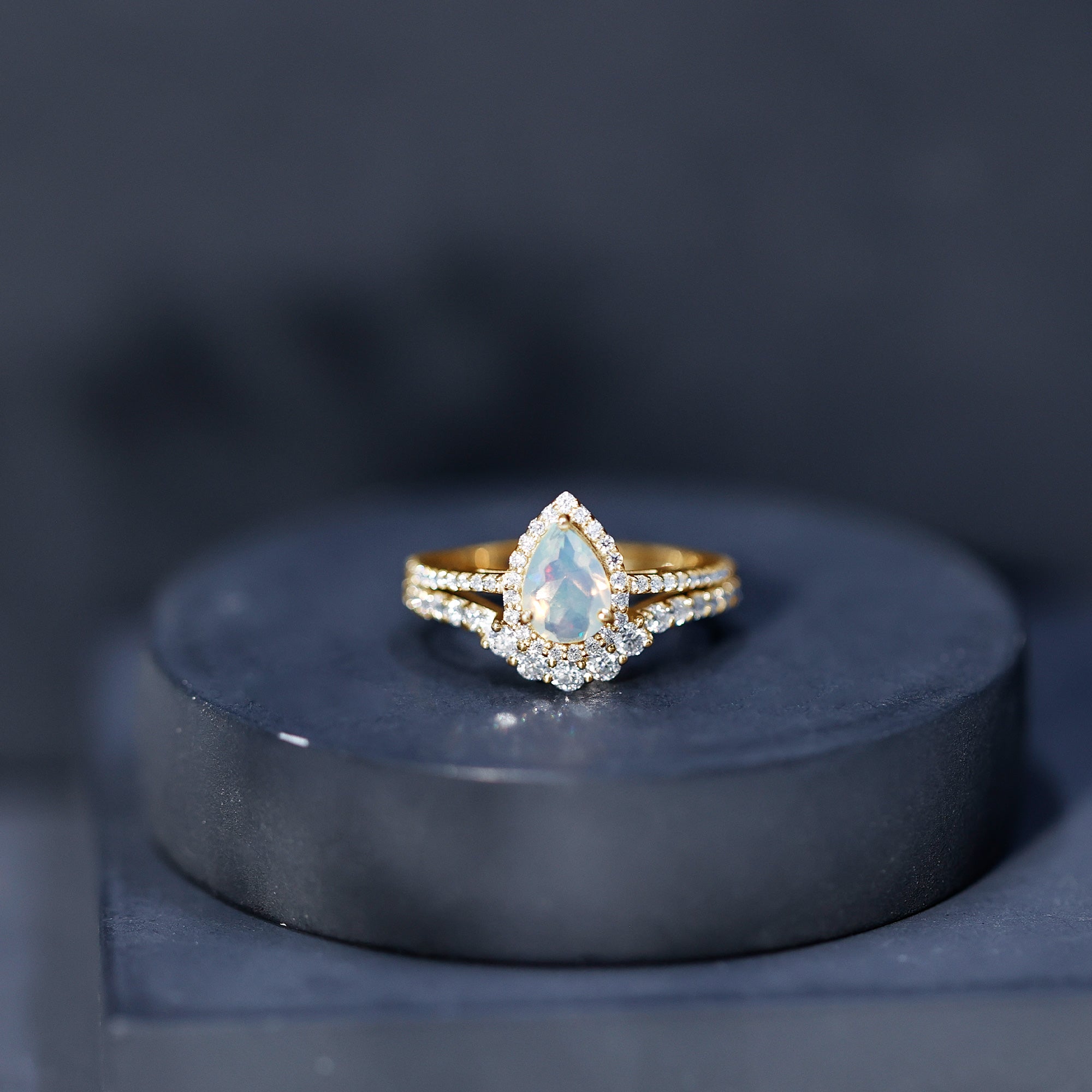 Certified Natural Ethiopian Opal Teardrop Wedding Engagement Ring Set of 2 AAA - Rosec Jewels