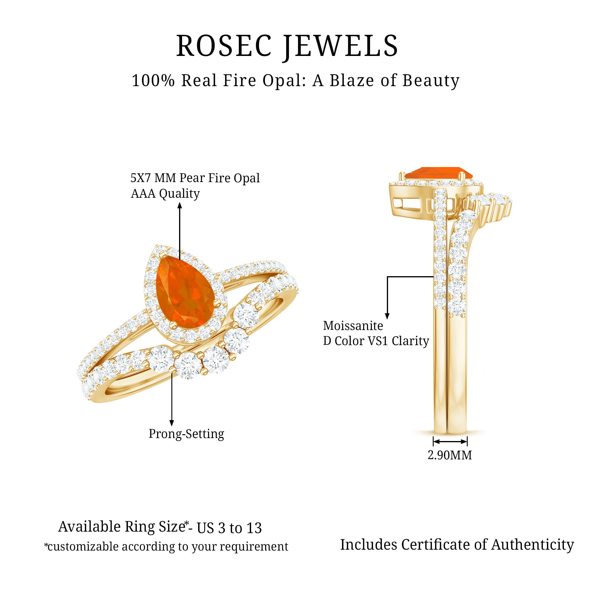 Rosec Jewels-Fire Opal Designer Teardrop Ring Set with Moissanite Halo