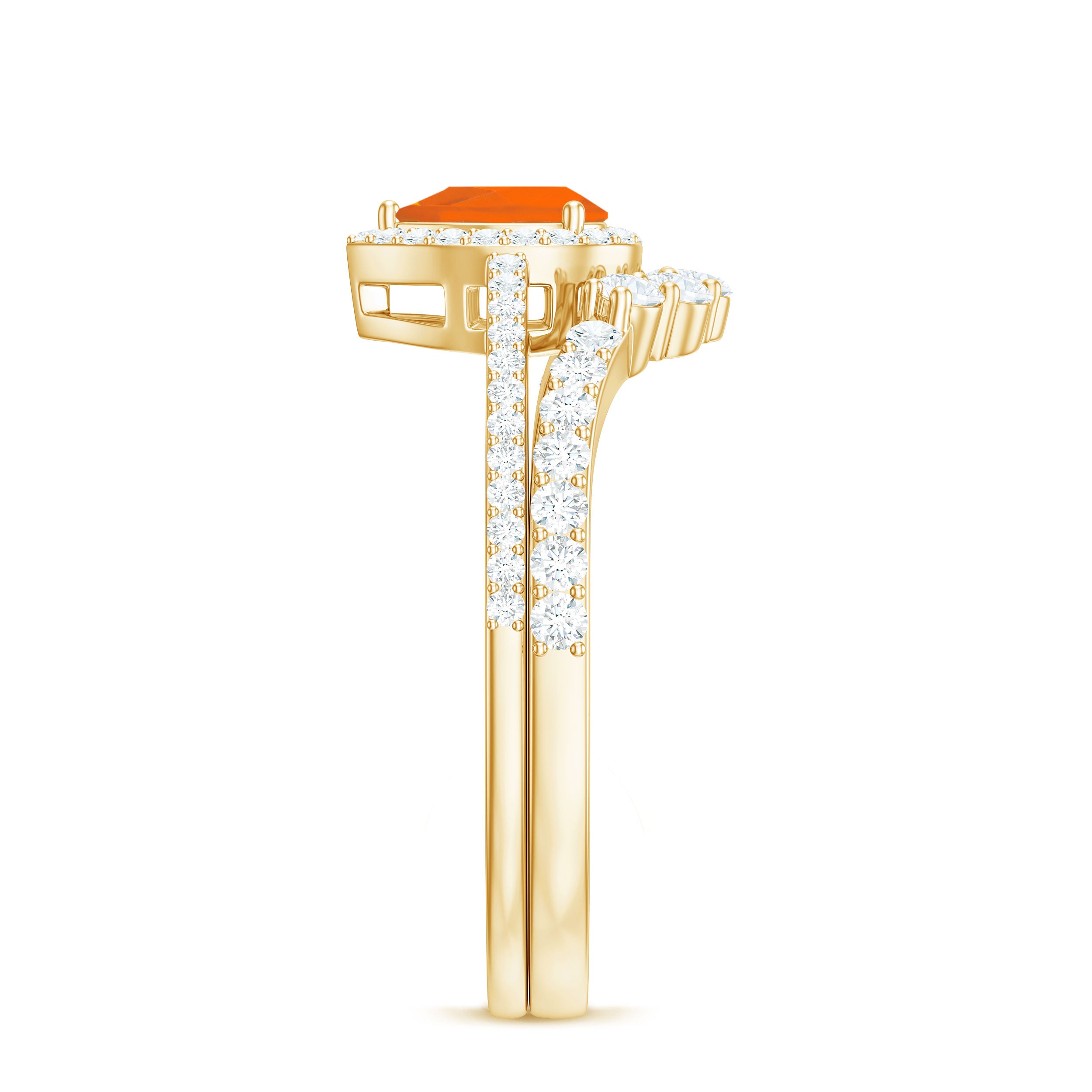 Rosec Jewels-Fire Opal Designer Teardrop Ring Set with Moissanite Halo
