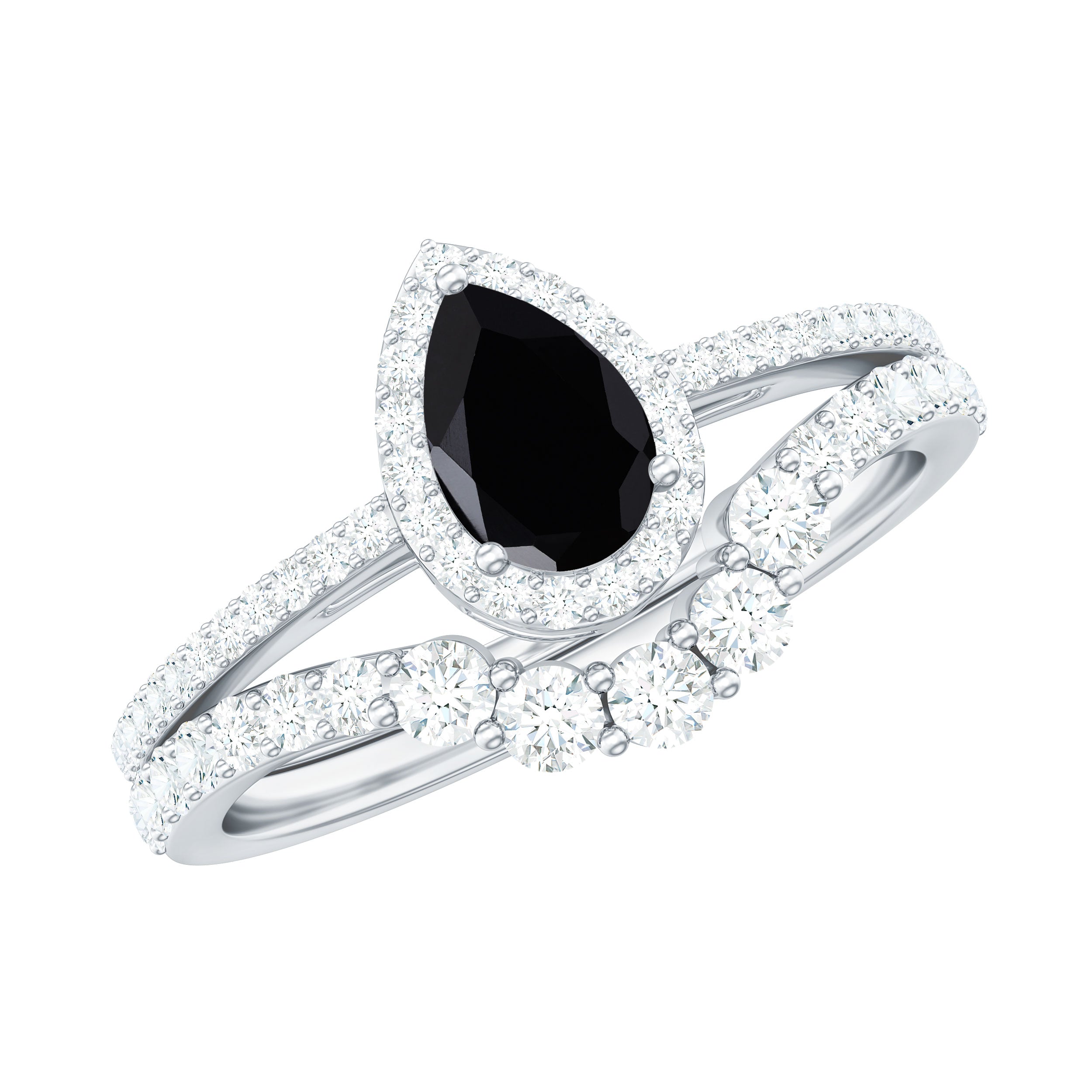 Natural Black Spinel Pear Shaped Engagement Ring with Moissanite Enhancer AAA - Rosec Jewels