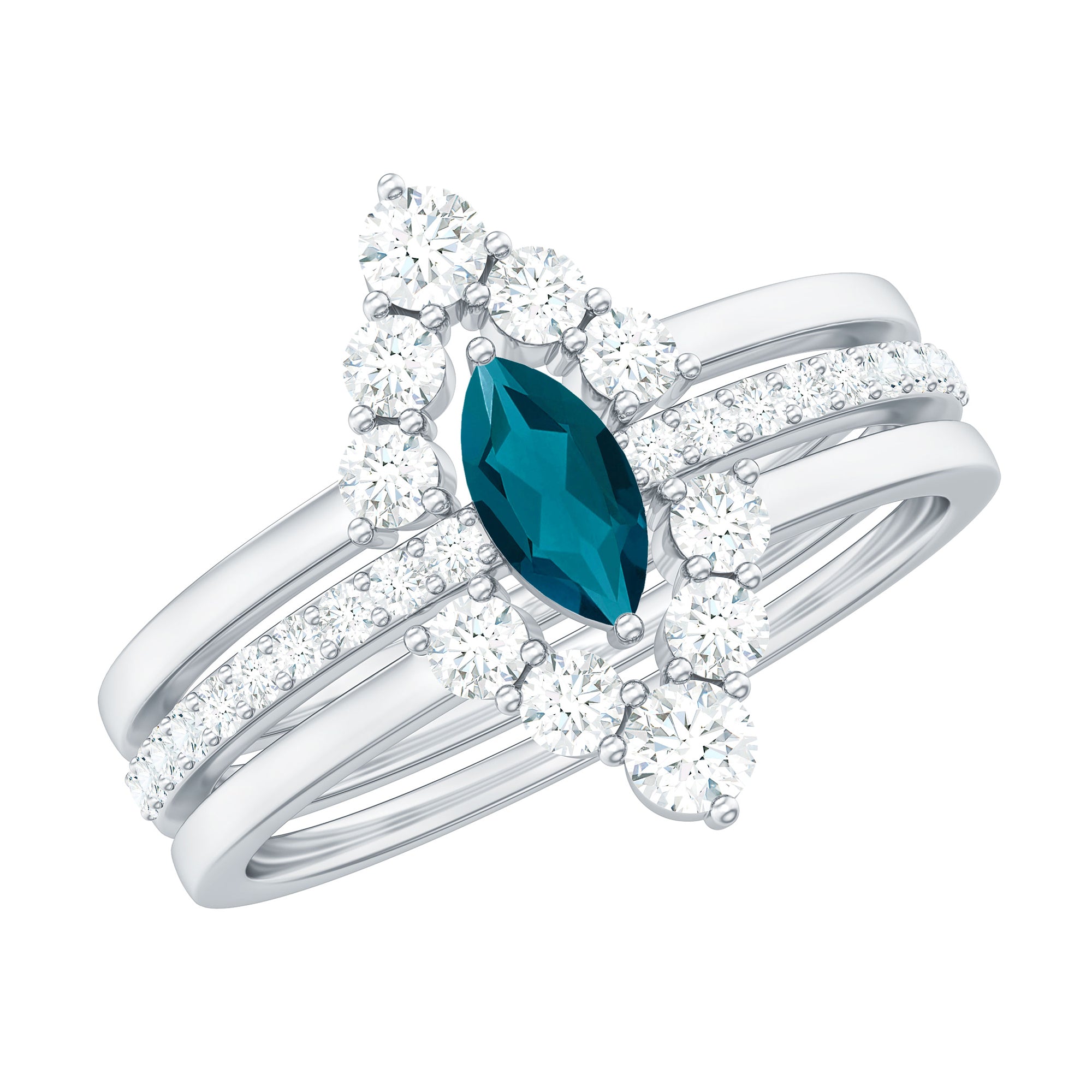 Marquise London Blue Topaz Bridal Ring Set with 2 Diamond Ring Guards AAA - Rosec Jewels