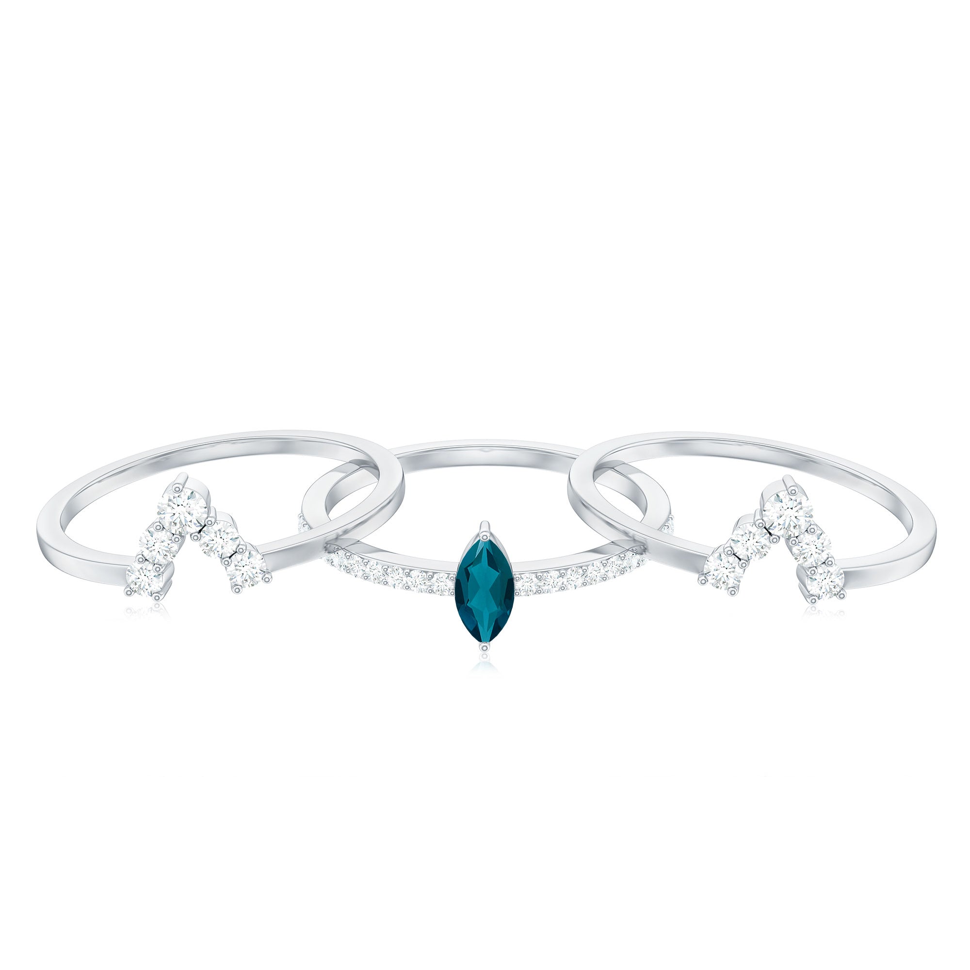 Marquise London Blue Topaz Bridal Ring Set with 2 Diamond Ring Guards AAA - Rosec Jewels