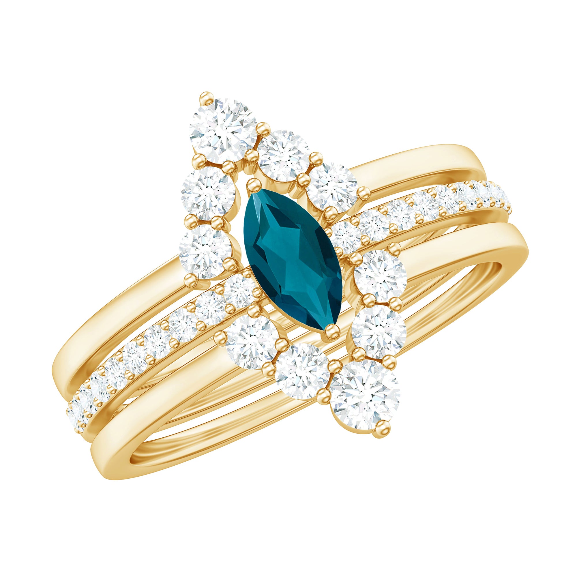 Marquise London Blue Topaz Bridal Ring Set with 2 Diamond Ring Guards AAA - Rosec Jewels