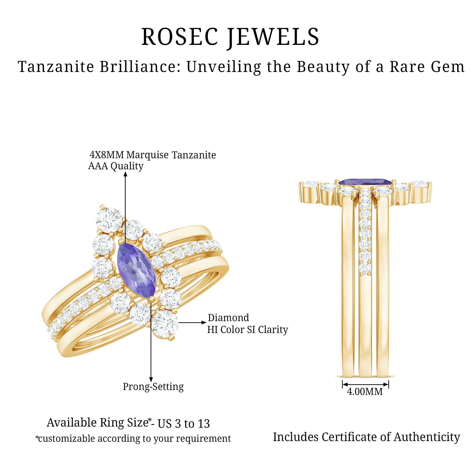 Rosec Jewels-Marquise Cut Tanzanite Solitaire Ring Set with Diamond