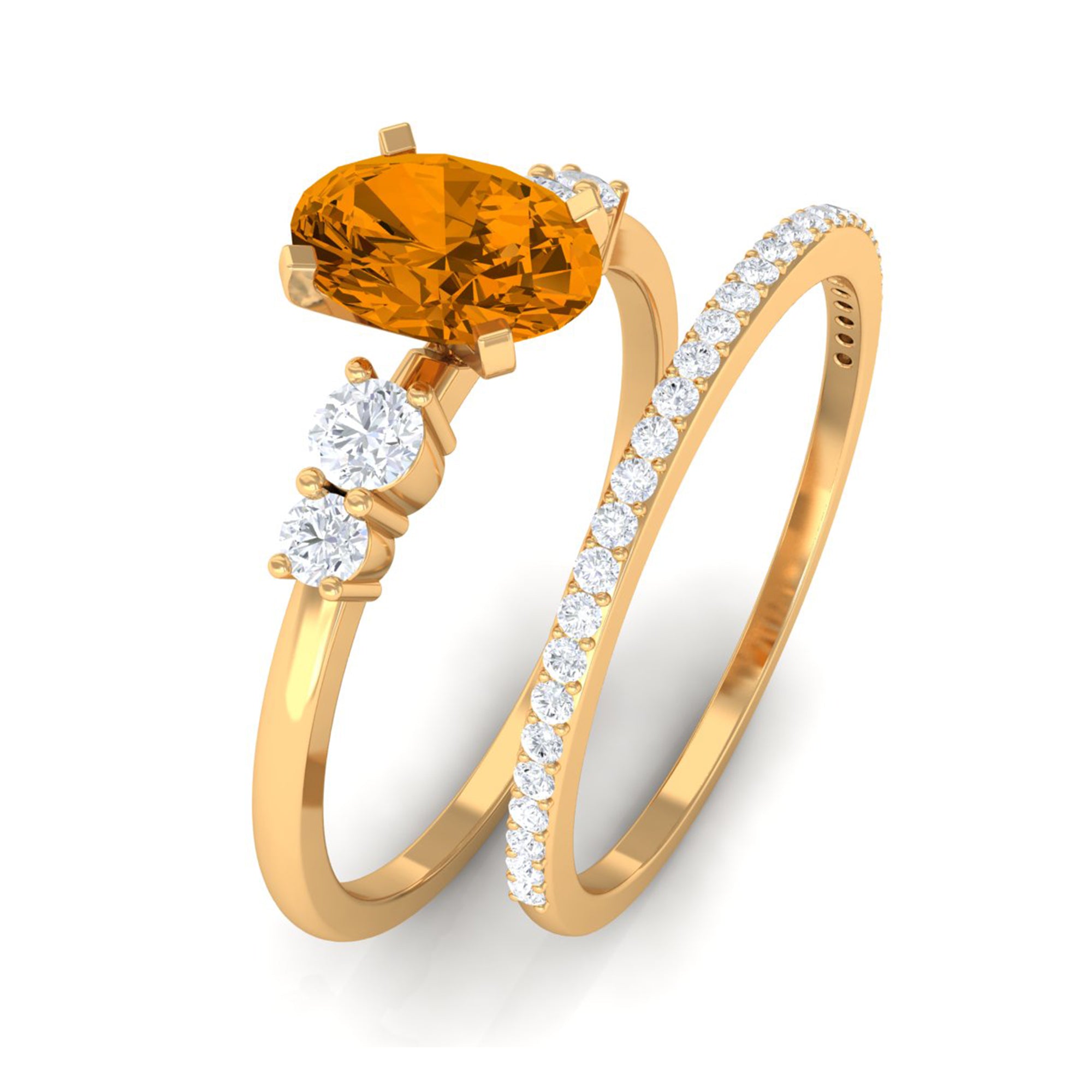 Oval Citrine Solitaire Ring Set with Diamond Citrine - ( AAA ) - Quality - Rosec Jewels
