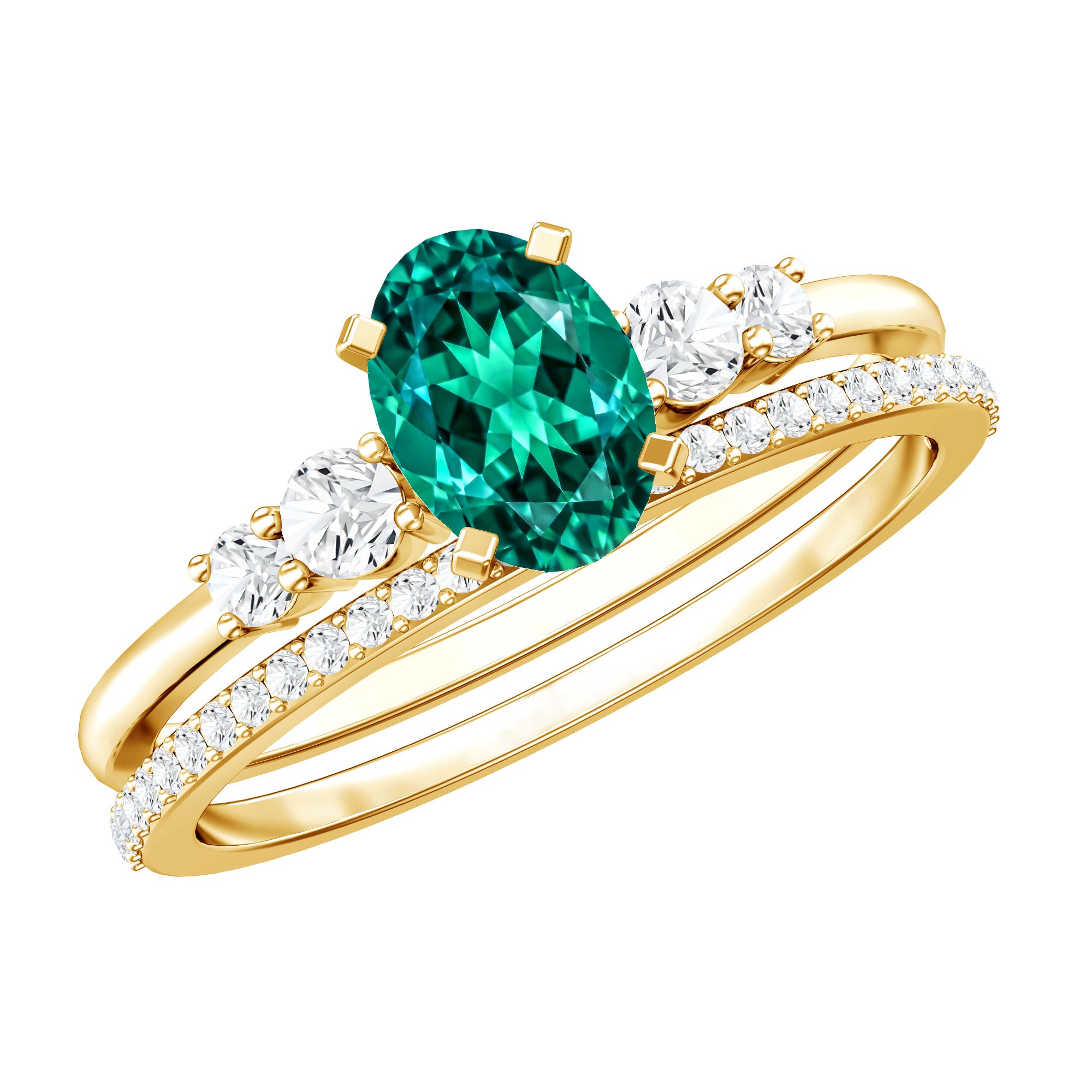Certified Oval Lab Grown Emerald Diamond Engagement Ring Set AAAA - Rosec Jewels