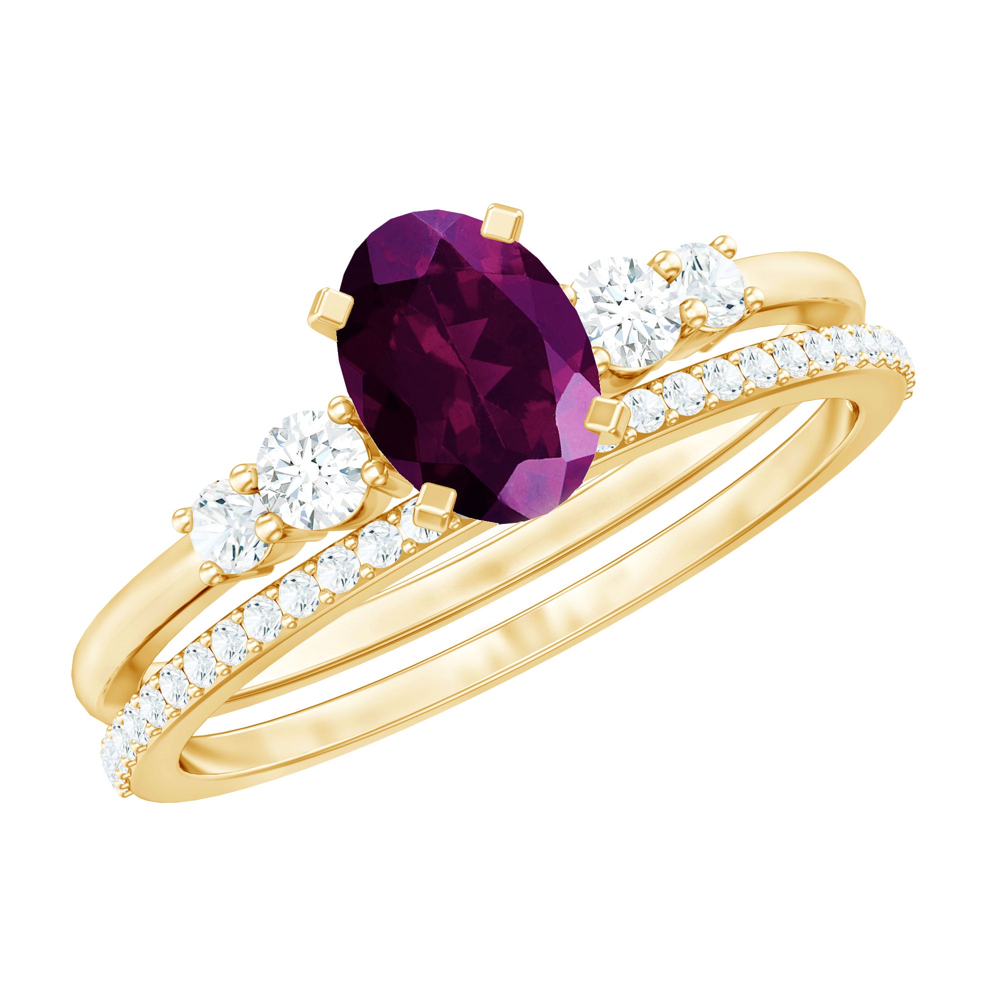 Genuine Rhodolite Oval Engagement Ring with Diamond Wedding Band